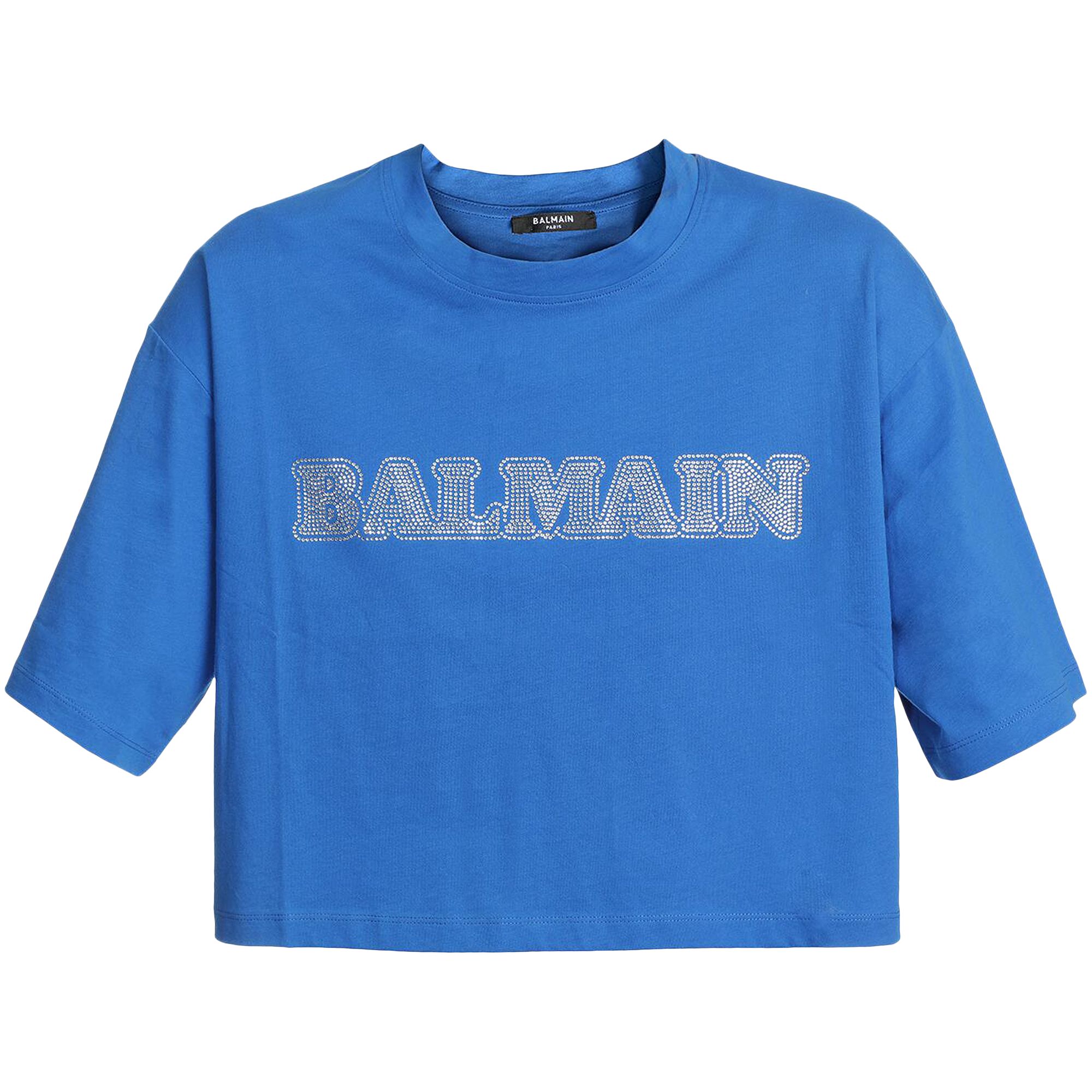 Pre-owned Balmain Cropped Rhinestone T-shirt 'cobalt/crystal' | Blue | Women's Size L