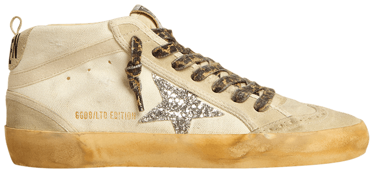 Size 5.0 Golden Goose Wmns Mid Star Leopard Laces Silver Glitter