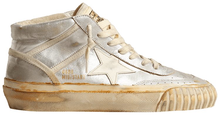 Golden Goose Wmns Mid Star Silver Metallic Yellowed Foxing