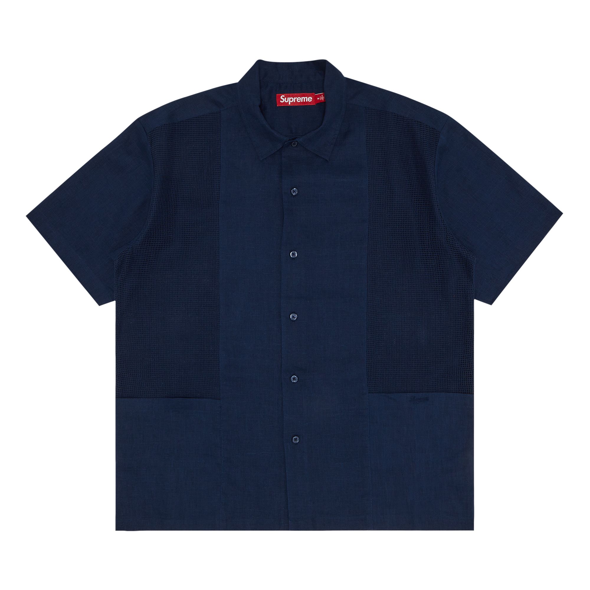 Supreme Mesh Panel Linen Short-Sleeve Shirt 'Navy' | Blue | Men's Size M