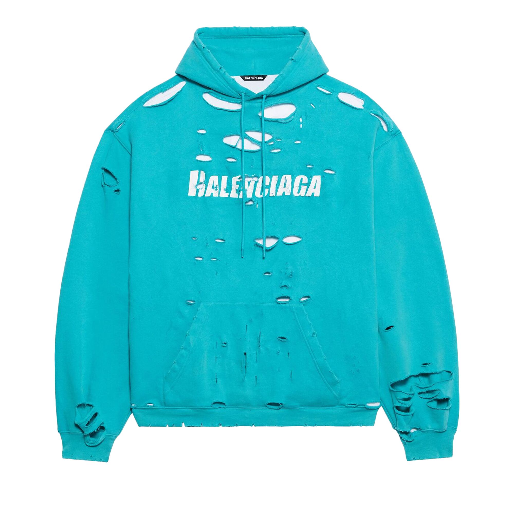 Balenciaga Destroyed Hoodie 'Turquoise/White' | Blue | Men's Size XL