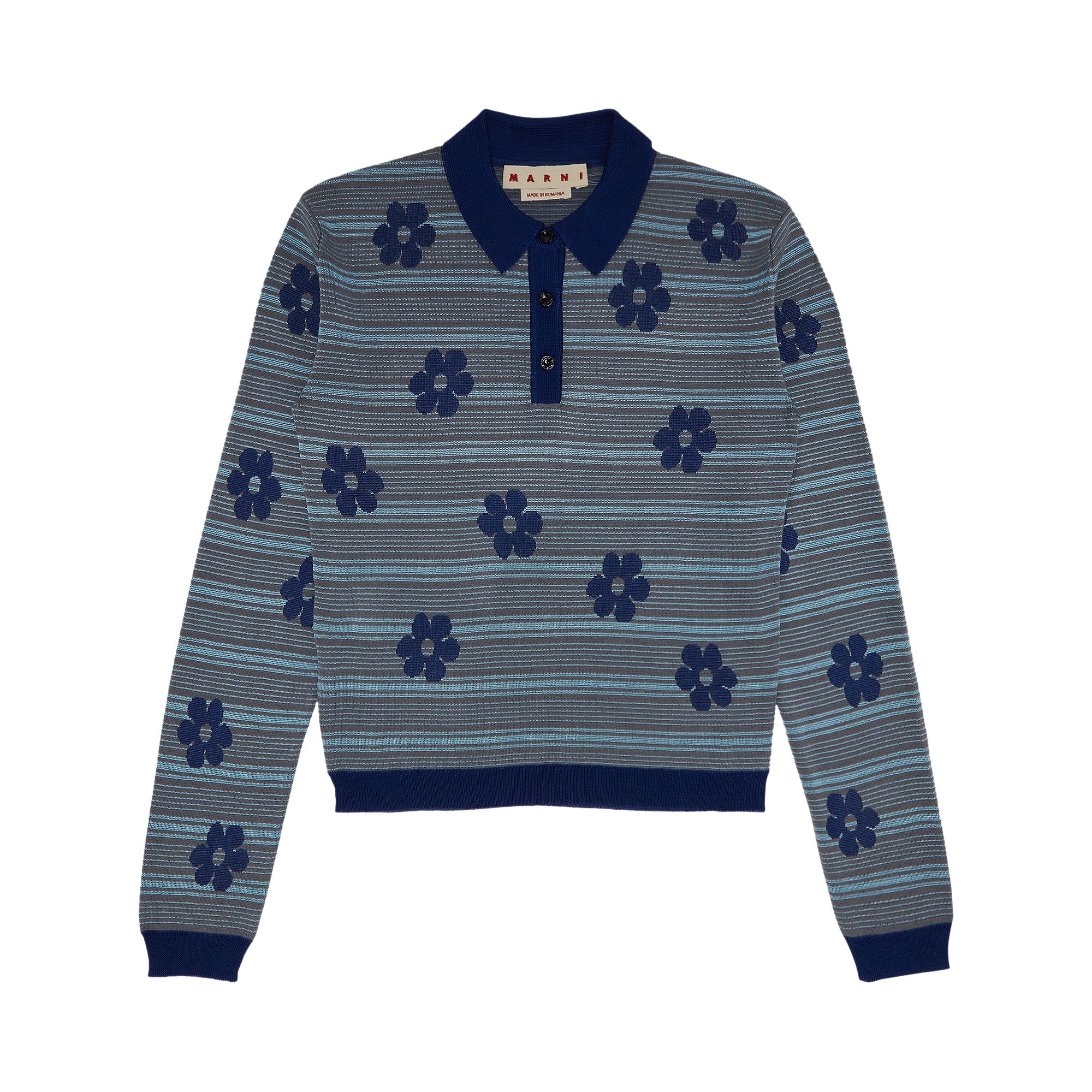 Pre-owned Marni Striped Flowers Long-sleeve Polo Neck 'mazarine Blue' | Women's Size 40