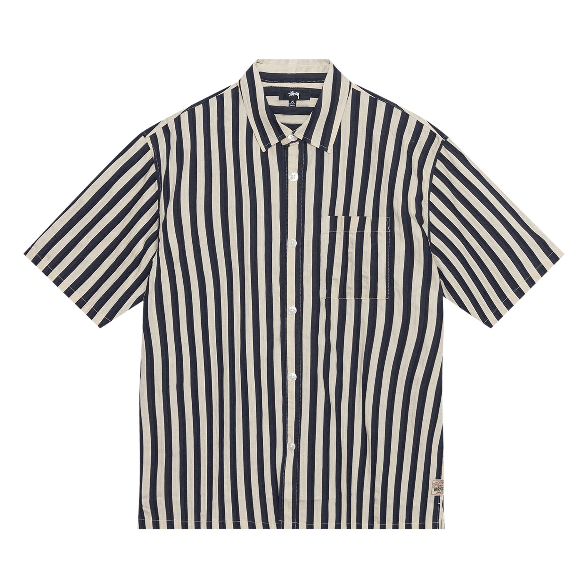 Pre-owned Stussy Striped Boxy Flat Hem Shirt 'navy' In Multi-color