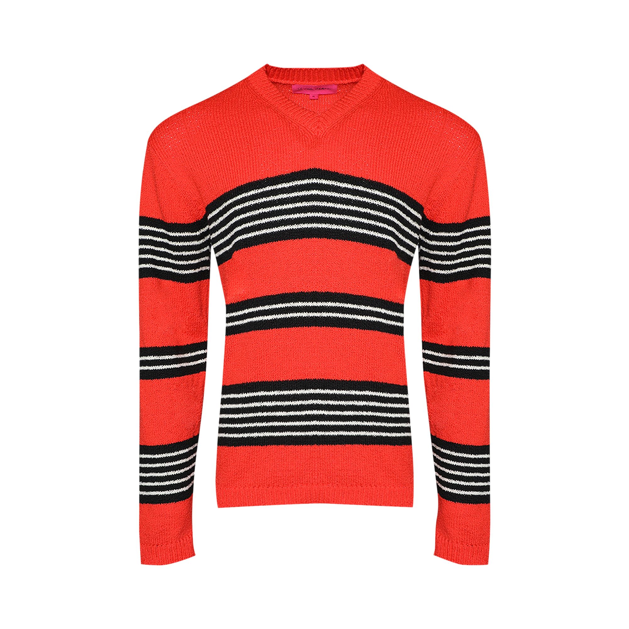 Pre-owned The Elder Statesman Nora Rollie Stripe V-neck 'neon Red/black/natural' | Men's Size M