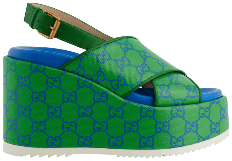 Size 10.0 Gucci Wmns GG Supreme Platform Sandal Green Blue