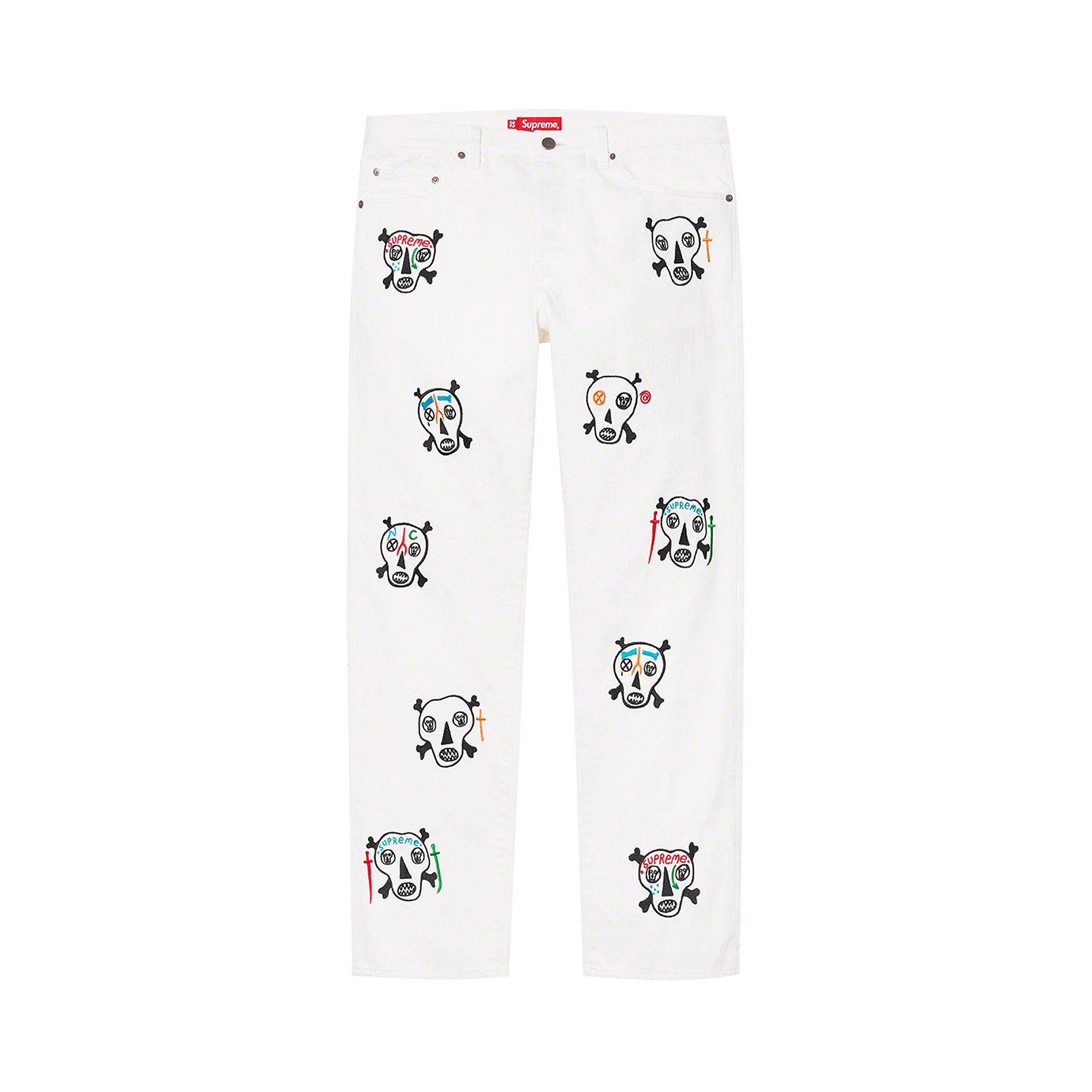 Pre-owned Supreme X Clayton Patterson Skulls Embroidered Regular Jean 'white' | Men's Size 30