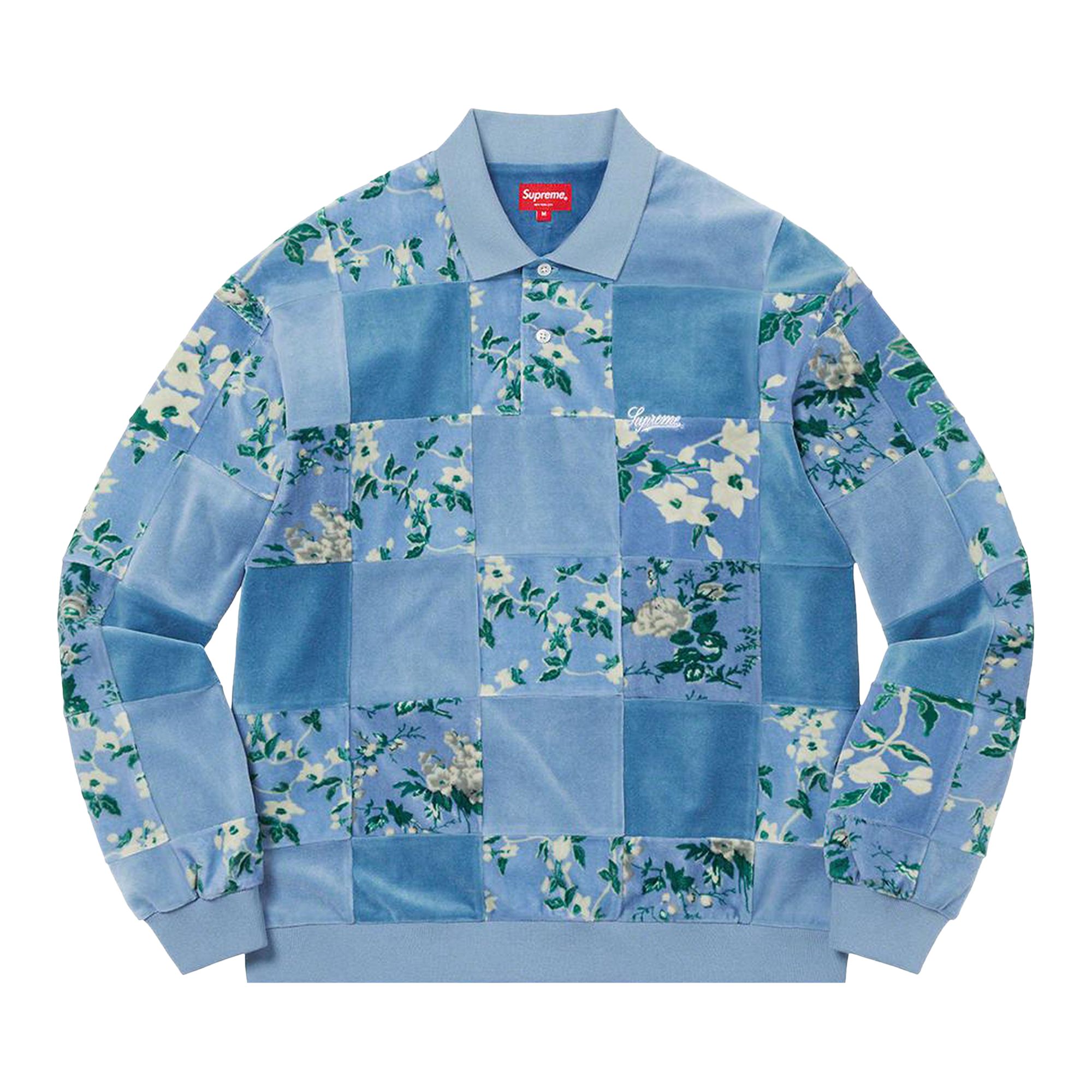 Pre-owned Supreme Floral Patchwork Velour Long-sleeve Polo 'slate' In Blue