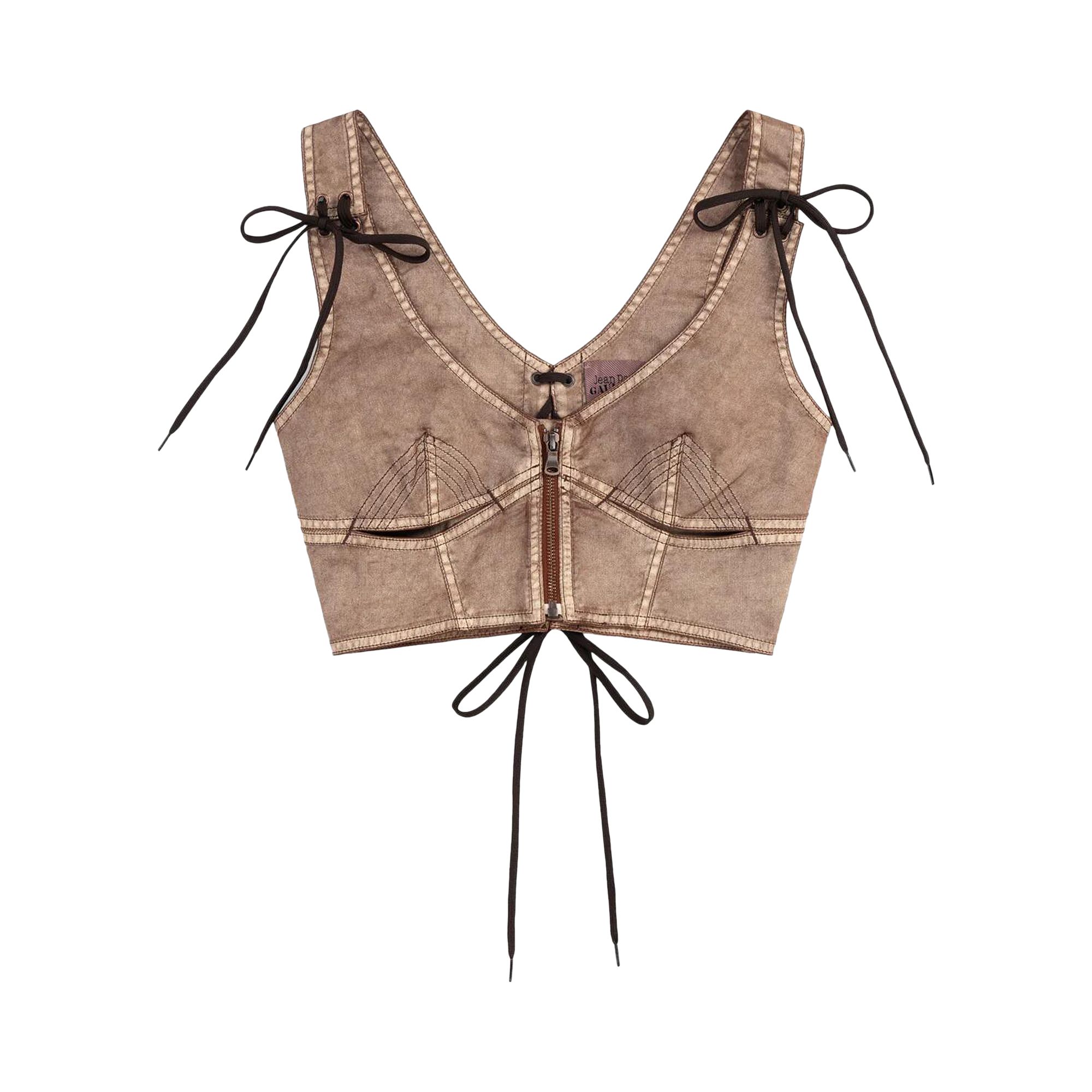 Pre-owned Jean Paul Gaultier X Knwls Laced Branded Patch Sleeveless Crop Top 'brown/ecru' | Women's Size 38