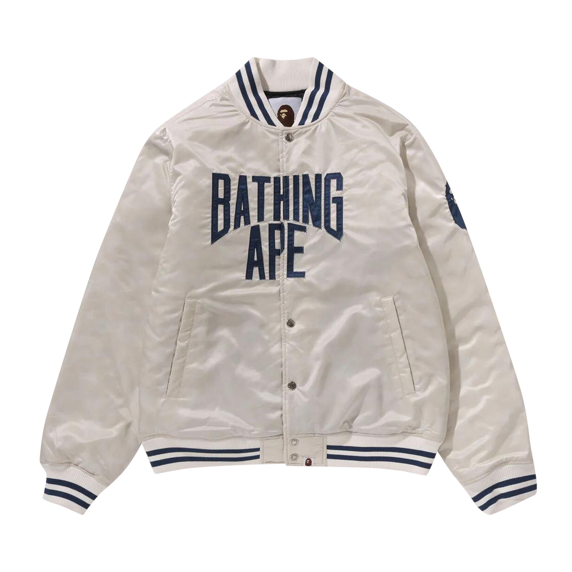 Pre-owned Bape Solid Camo Nyc Logo Nylon Varsity Jacket 'ivory' | Cream | Men's Size M In White
