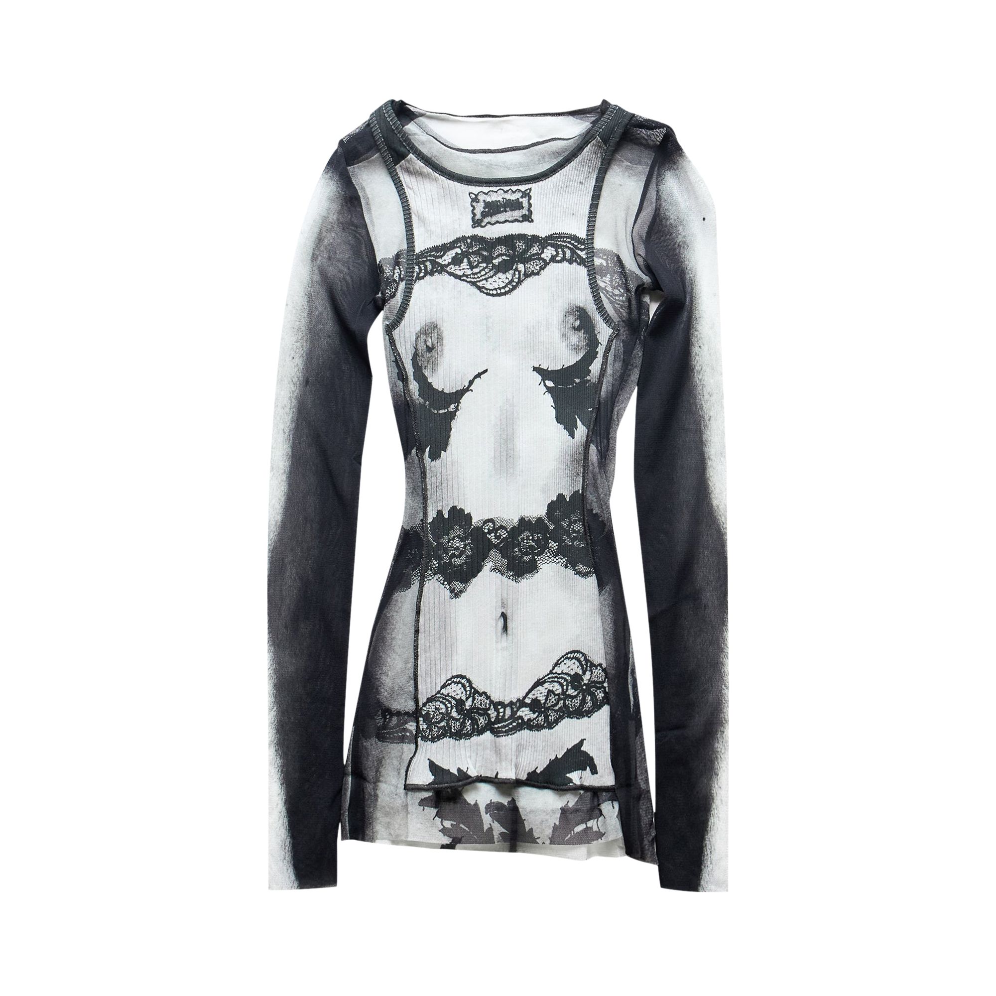 Pre-owned Jean Paul Gaultier Body Lace Mariniere Printed Mesh Top 'black' | Men's Size Xxs