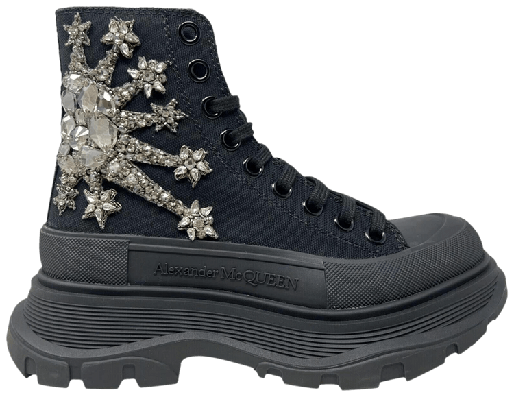 Alexander McQueen Wmns Embellished Tread Slick Boot Black Silver