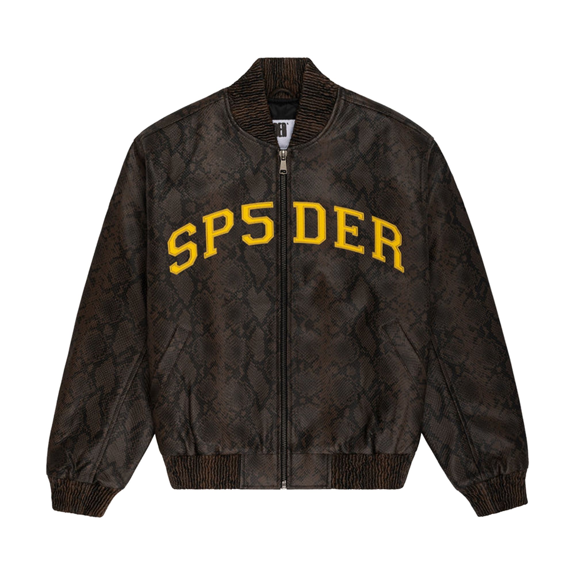 Pre-owned Sp5der Snake Leather Varsity Bomber Jacket 'brown' | Men's Size L