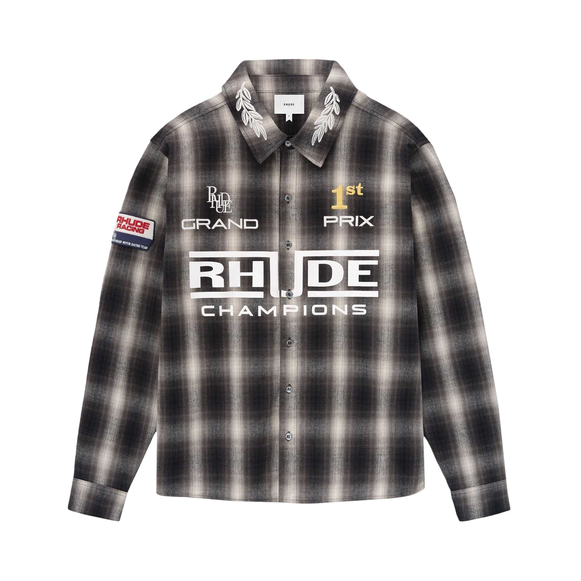 Click to view more detailed imagery on our partner's website Pre-owned Rhude Racing Logo Printed Checked Shirt 'black/grey' | Men's Size Xxl