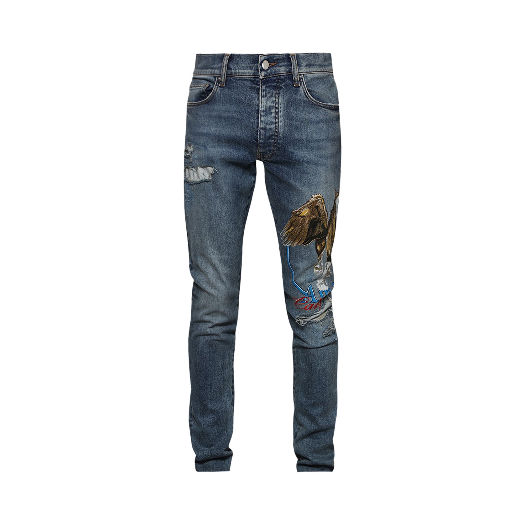 Pre-owned Amiri Printed And Embroidered Pegasus Skinny Jean 'true Indigo' | Blue | Men's Size 33