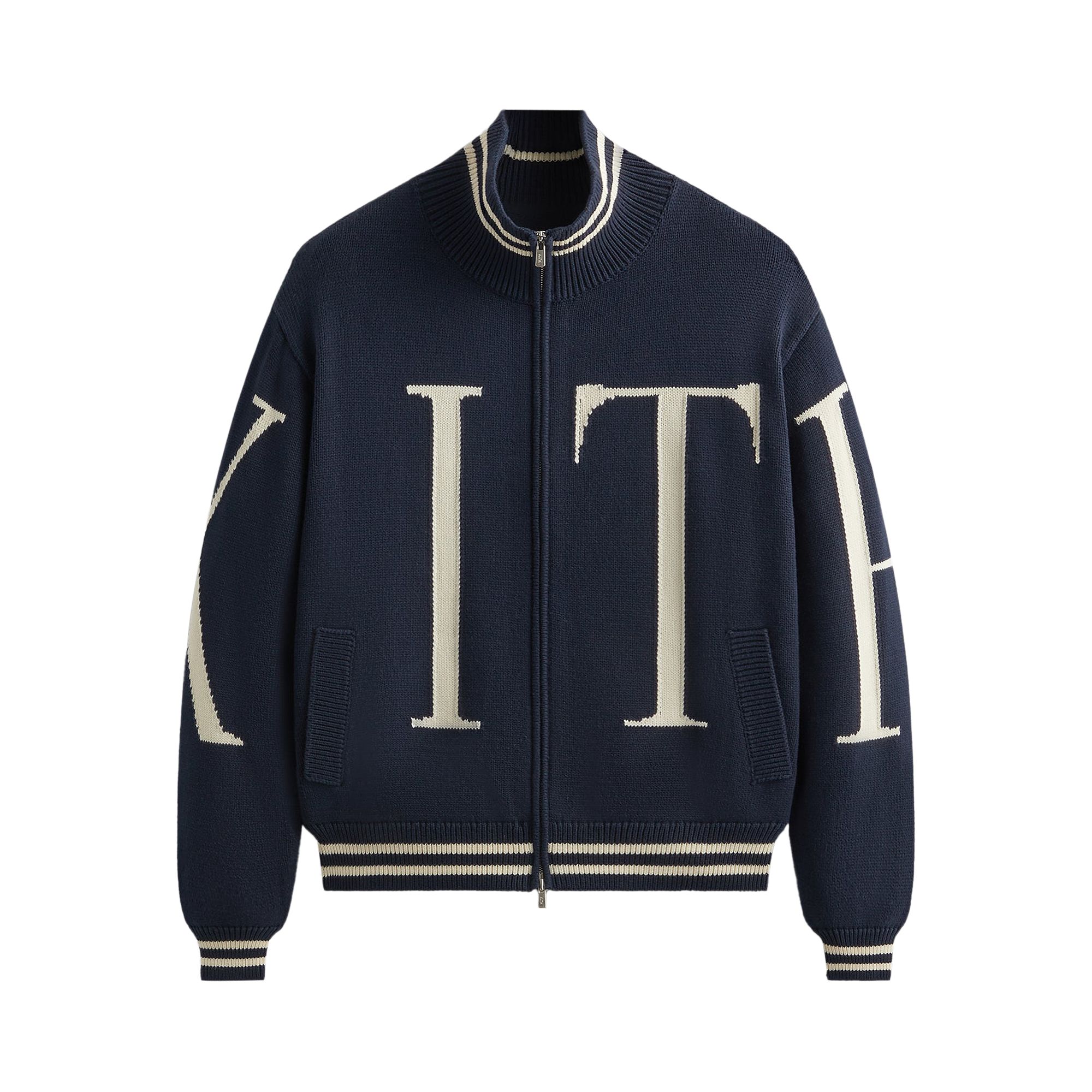 Pre-owned Kith Big Letter New York Wyona Full Zip Sweater 'nocturnal' | Blue | Men's Size Xxl
