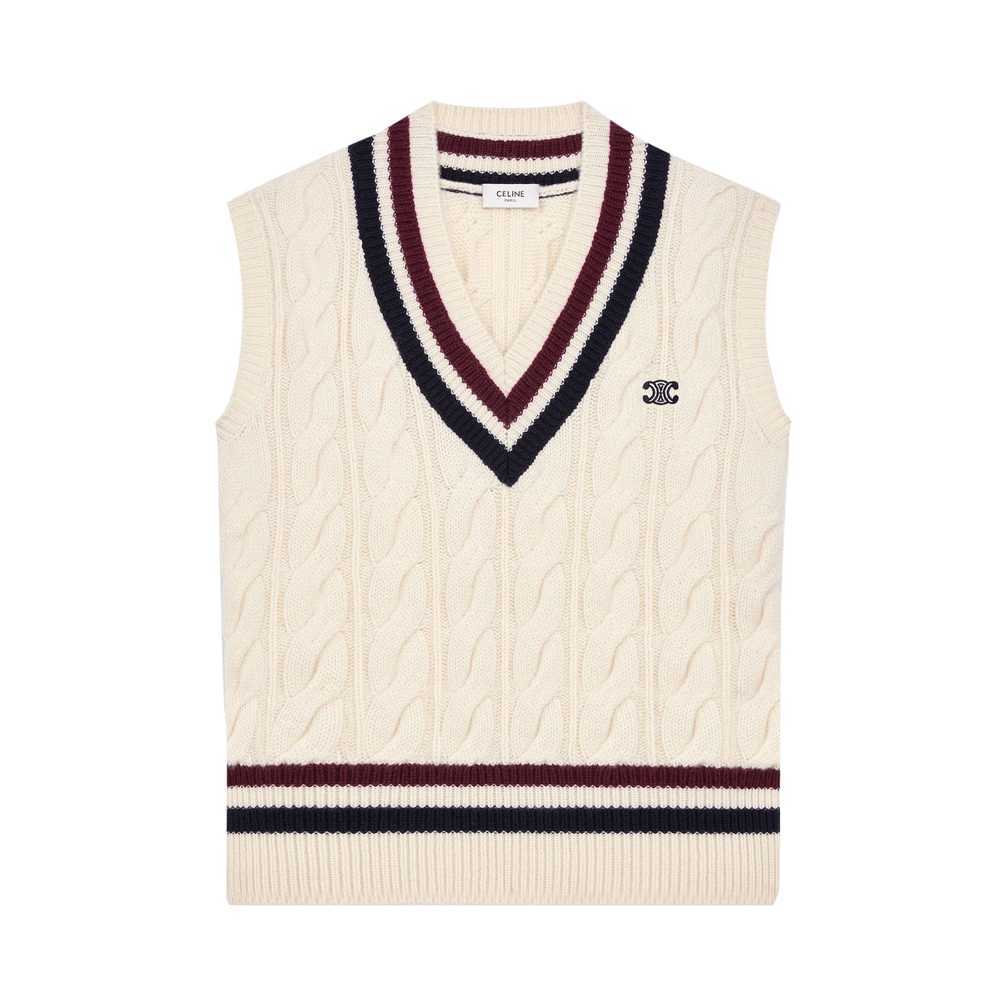 Pre-owned Celine Triomphe Cashmere V-neck Cable Knit Vest 'ecru/burgundy/navy' | Cream | Men's Size L