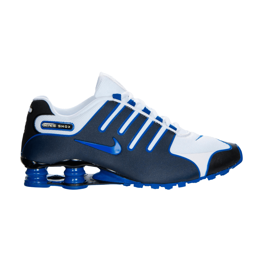 white and blue nike shox