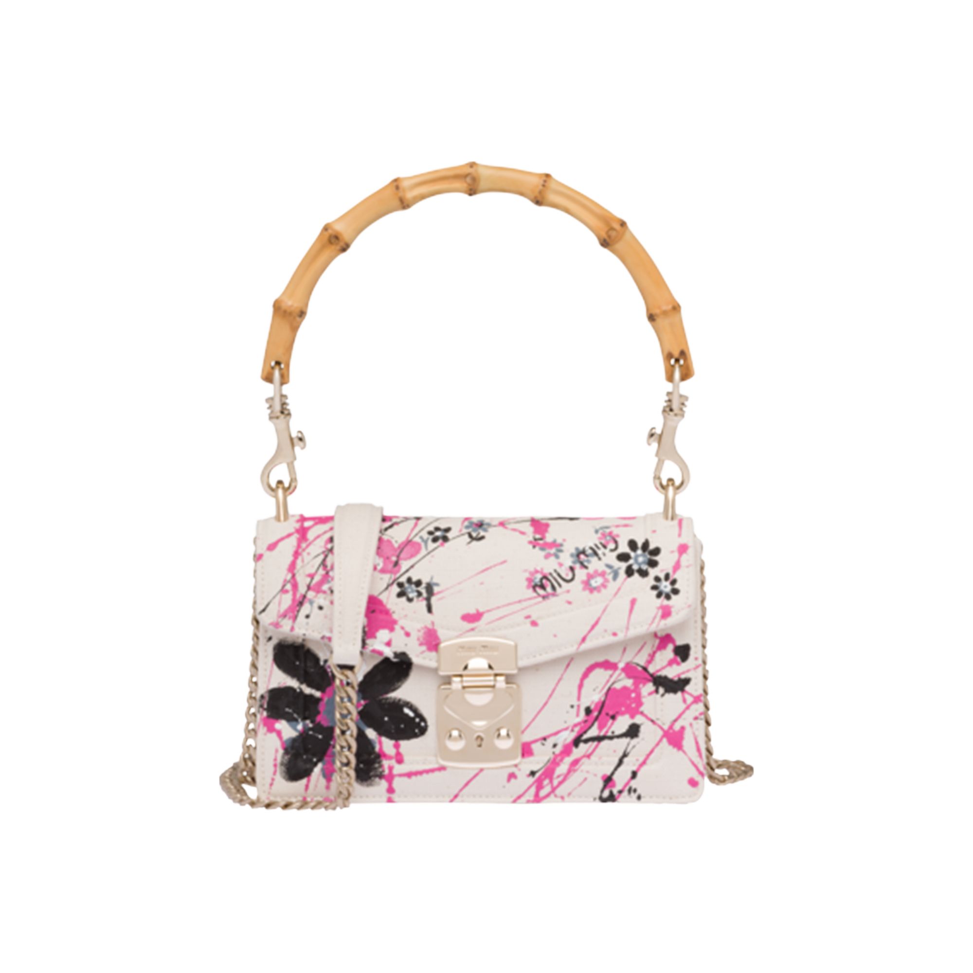 Pre-owned Miu Miu Printed Canvas Bamboo Handle Shoulder Bag 'white' | Women's Size Onesize