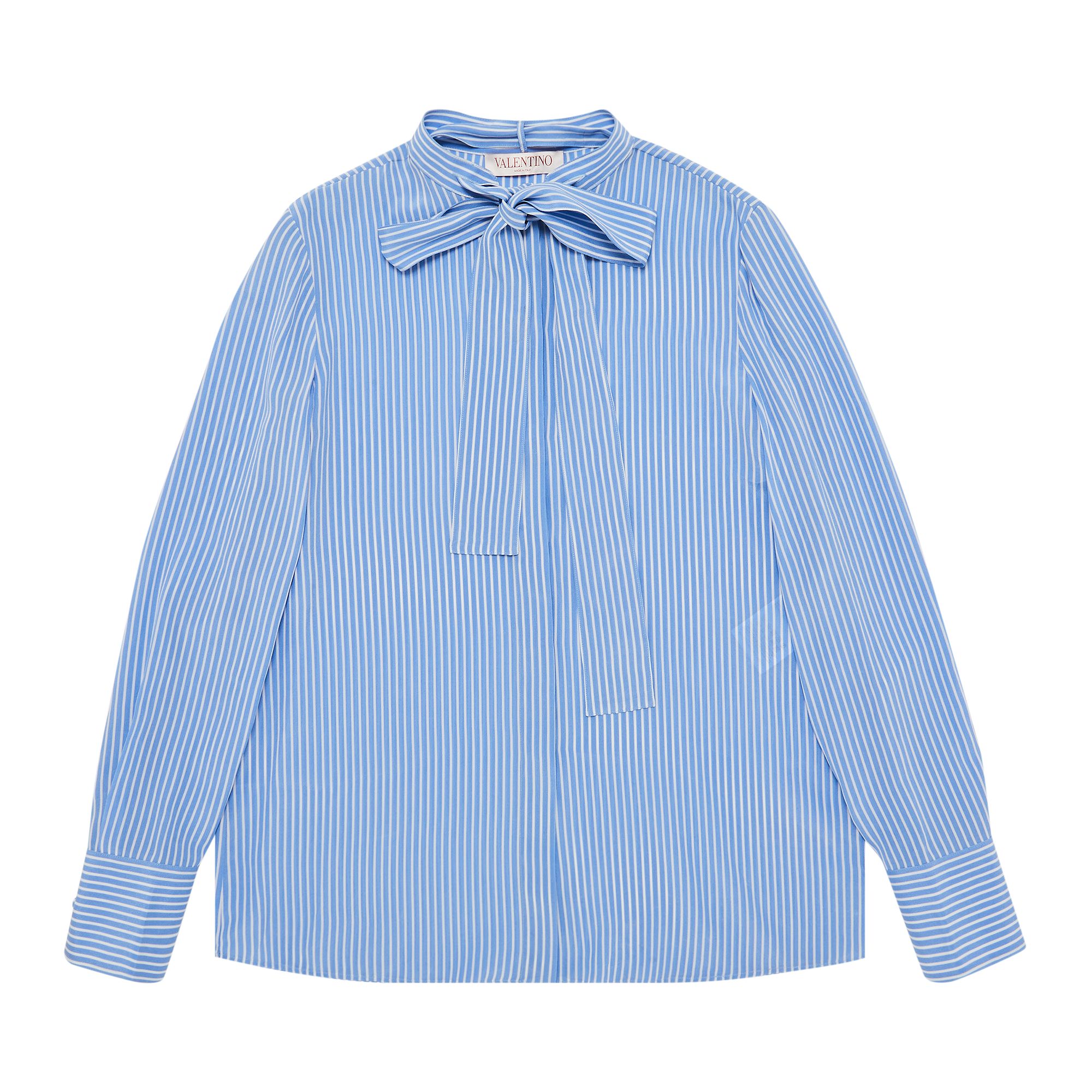 Pre-owned Valentino Bowneck Pinstripe Silk Shirt 'light Blue' | Women's Size 42