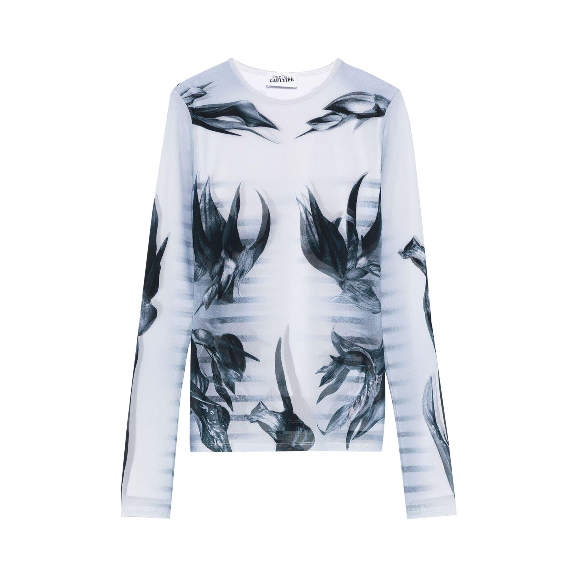 Pre-owned Jean Paul Gaultier Printed Flower Body Morphing Mariniere Mesh Long-sleeve Top 'white/grey/black' |