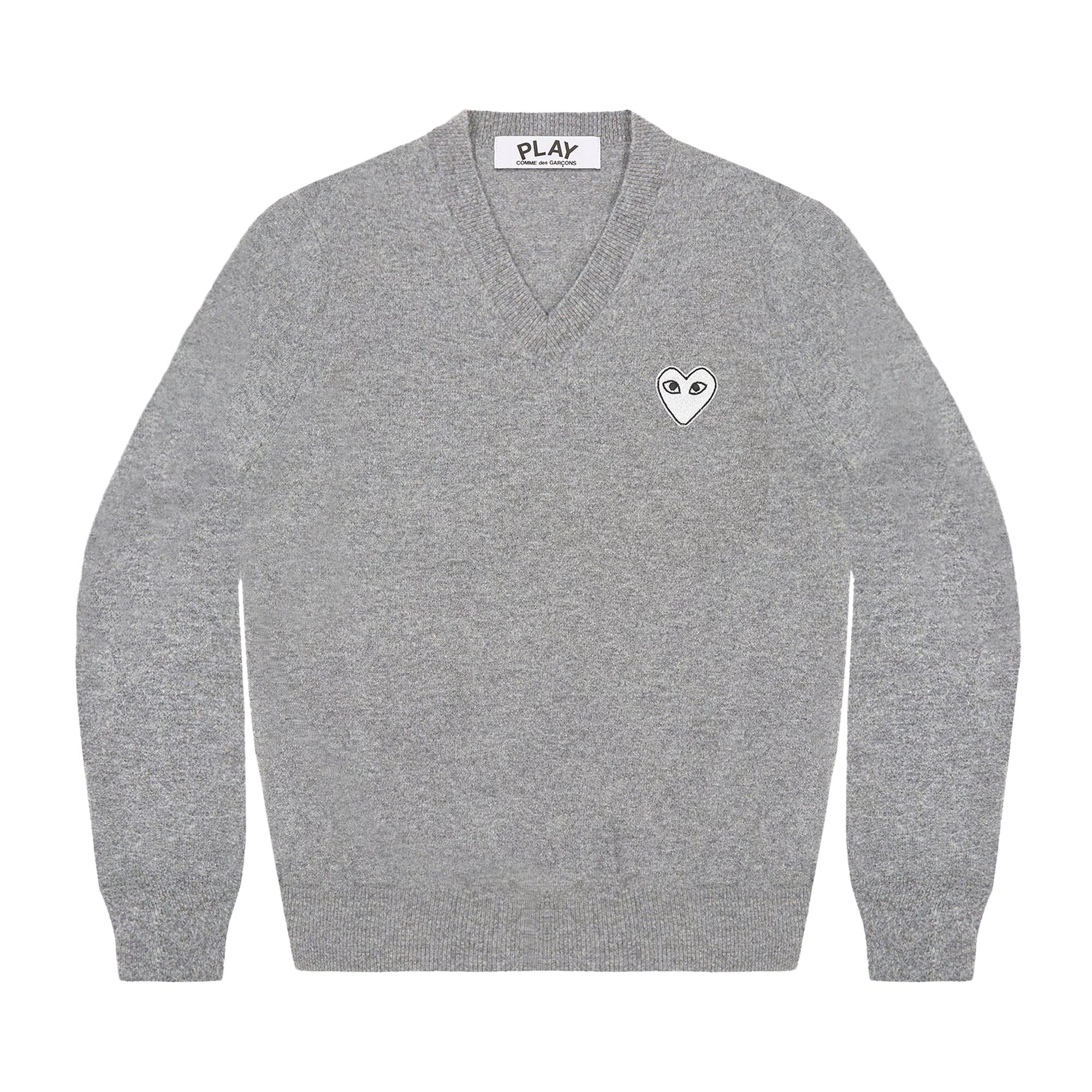 Pre-owned Comme Des Garçons Play White Heart V-neck Sweater 'light Grey' | Men's Size 6 In Gray