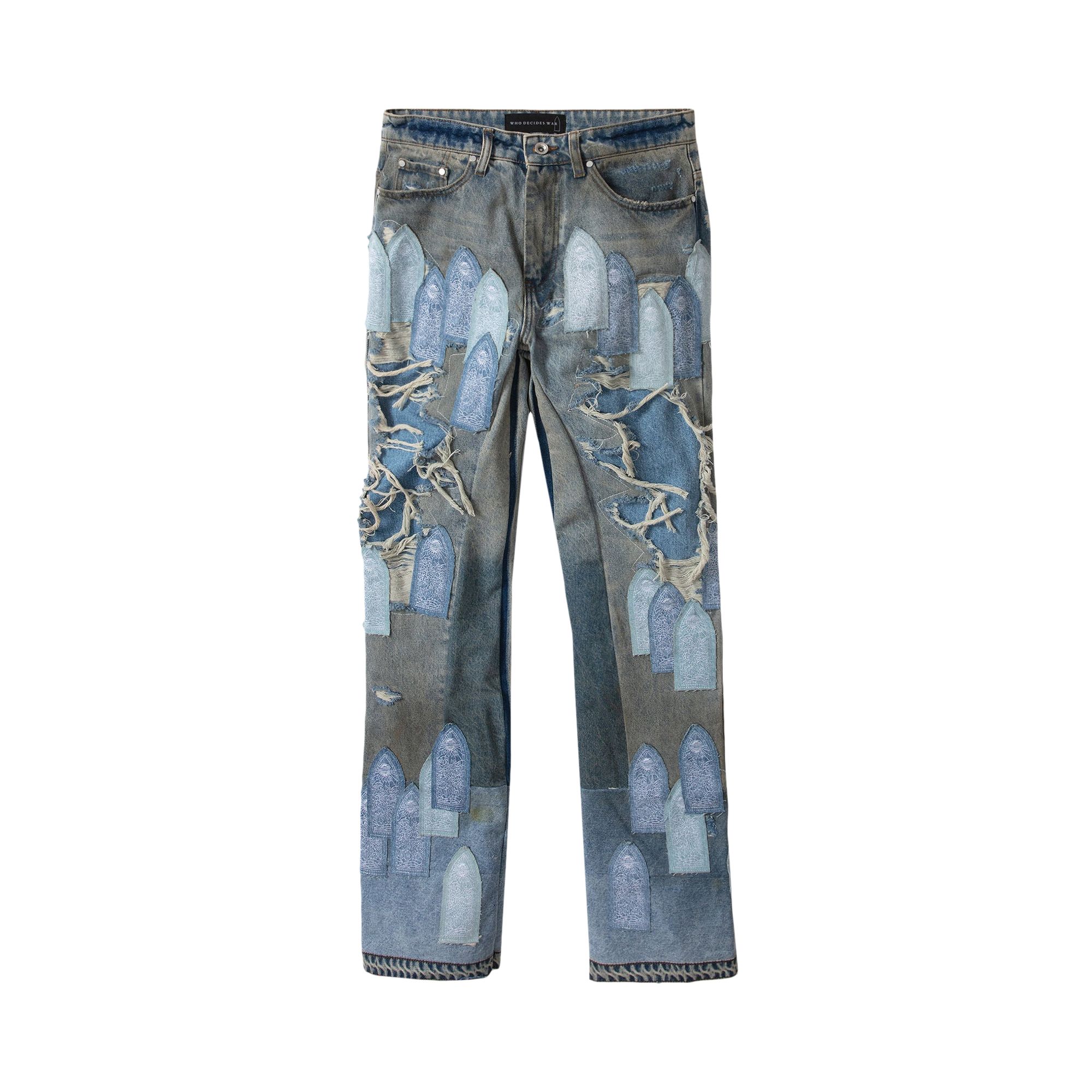 Pre-owned Who Decides War Patched Arch Repaired Blowout Denim Pants 'blue' | Men's Size 34