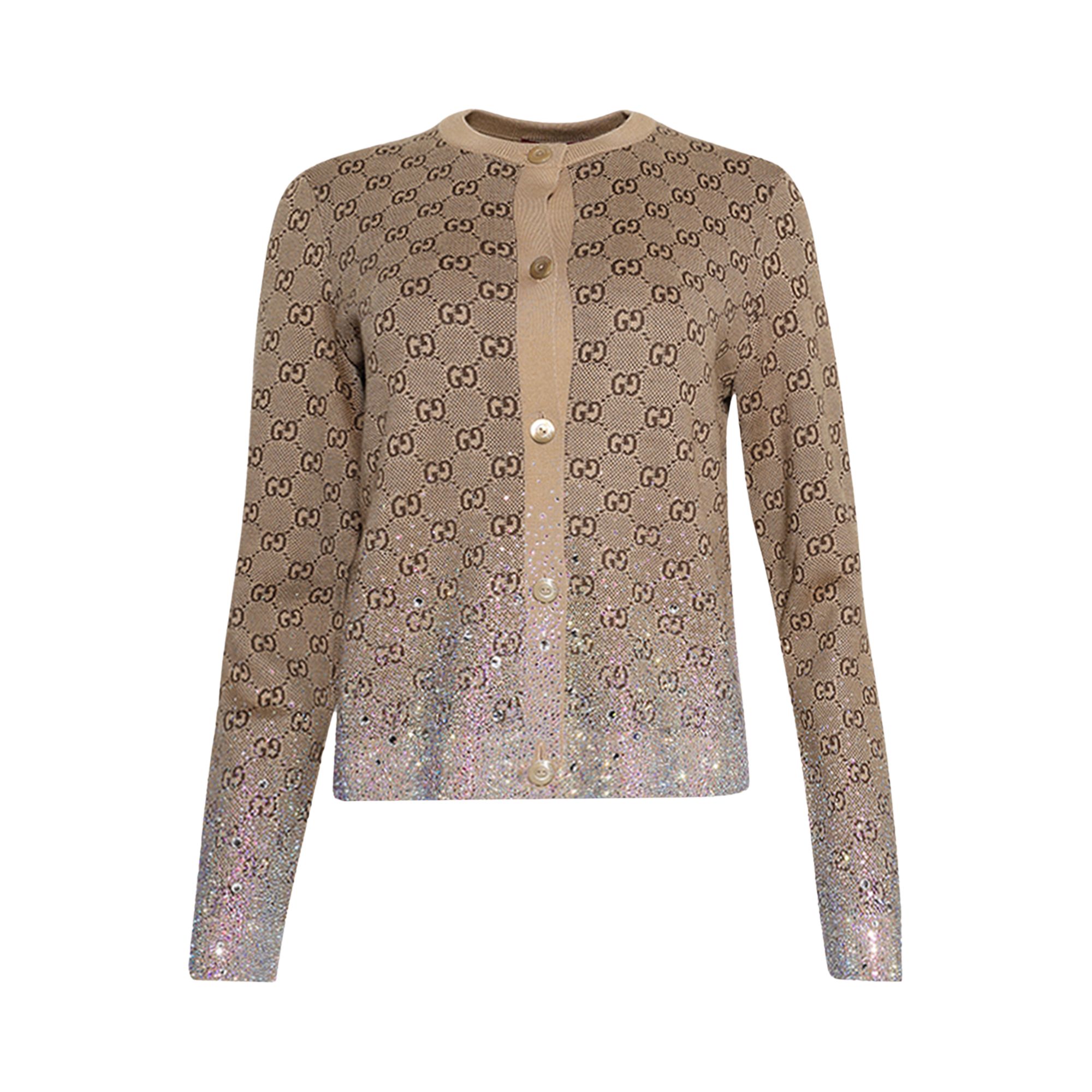Pre-owned Gucci Crystals Embroidered Wool Gg Jacquard Cardigan 'camel' | Brown | Women's Size S
