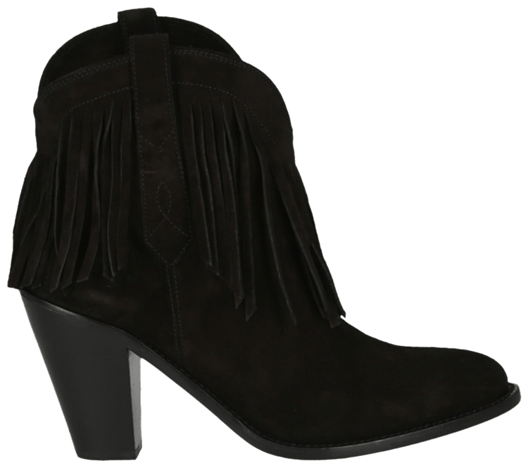 Saint Laurent Wmns Western Fringed Ankle Boot Black Suede