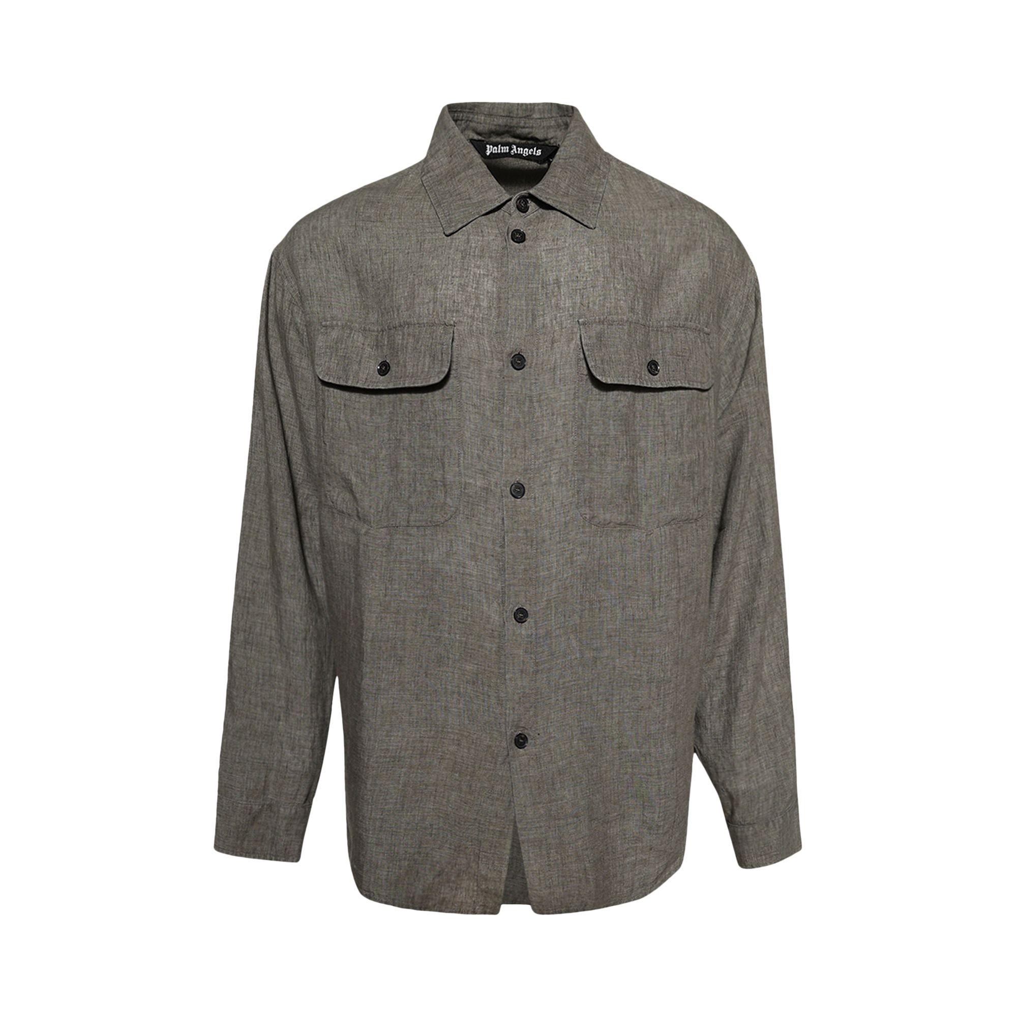 Pre-owned Palm Angels Curved Logo Linen Overshirt 'military Grey' | Green | Men's Size 48