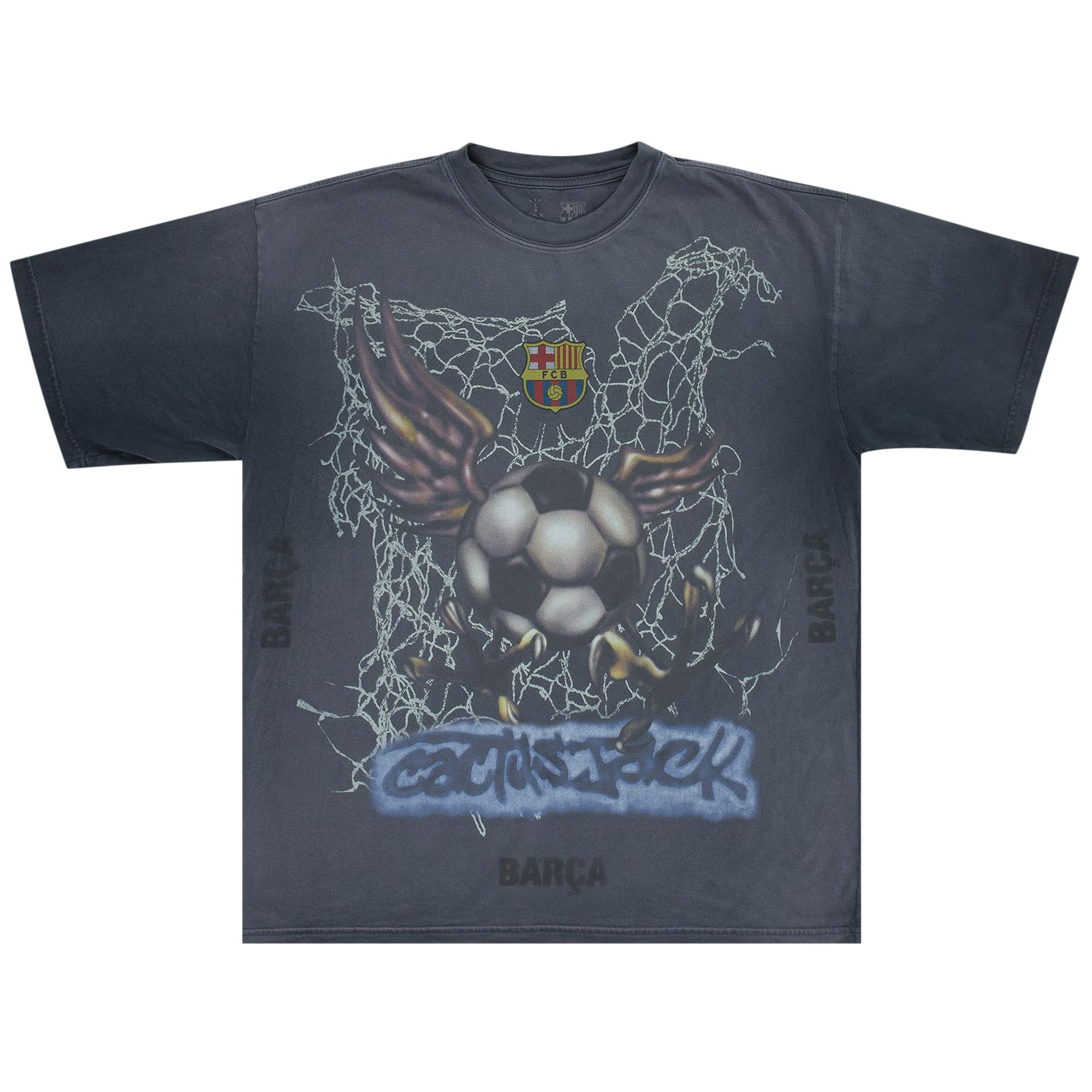 Pre-owned Cactus Jack By Travis Scott X Fc Barcelona Washed Spray Logo Tee 'black' | Men's Size S