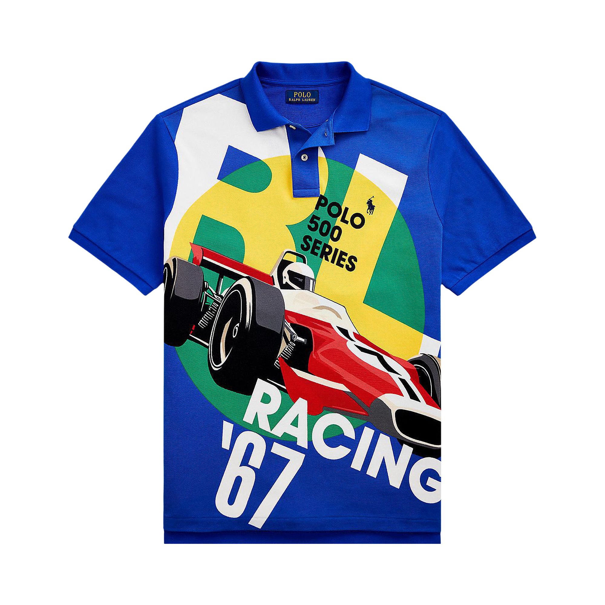 Pre-owned Polo Ralph Lauren Short-sleeve Mesh Polo Shirt 'racing 67 Poster Print' | Multi-color | Men's Size S
