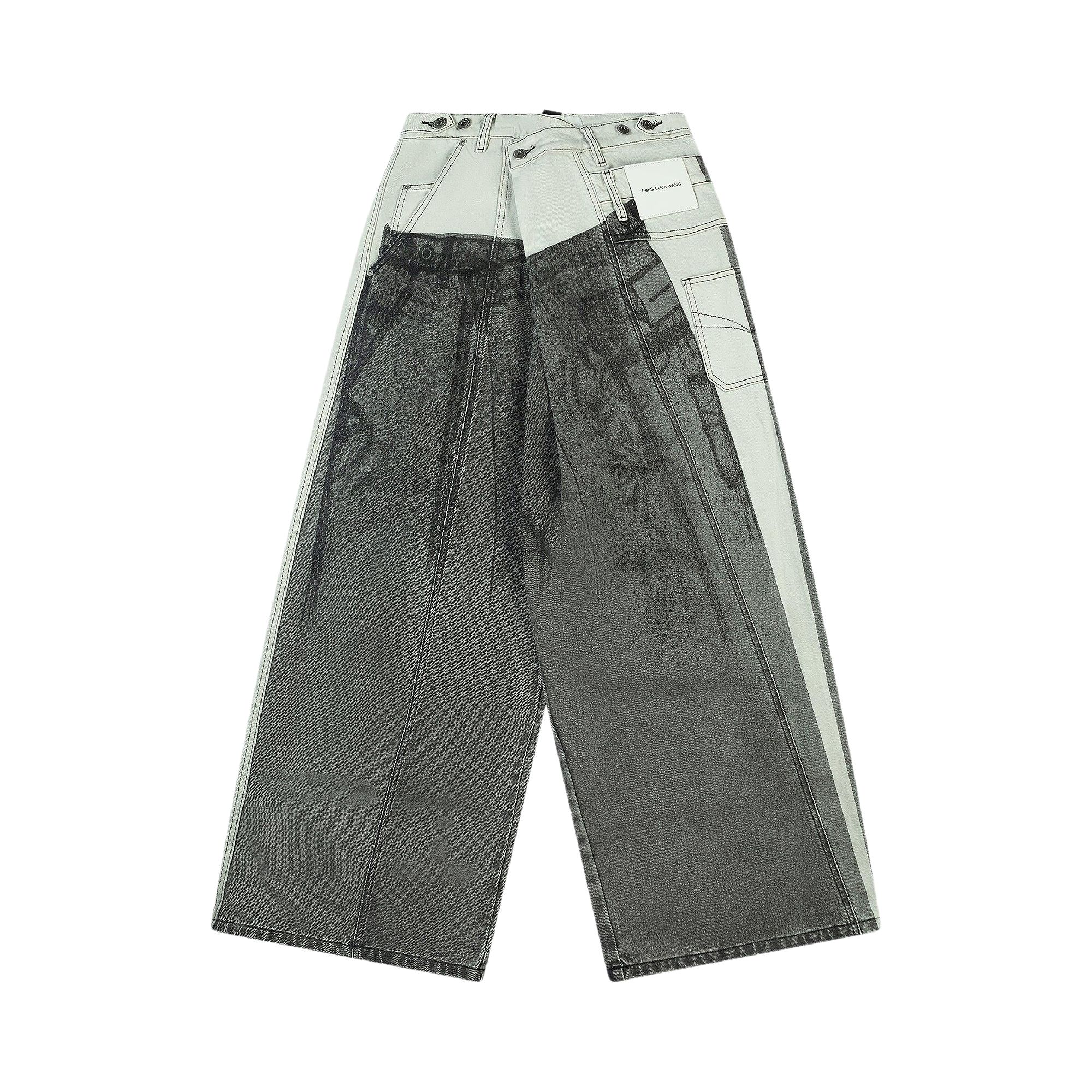 Pre-owned Feng Chen Wang Denim Deconstructed Printed Pants 'grey' | Men's Size M In Gray