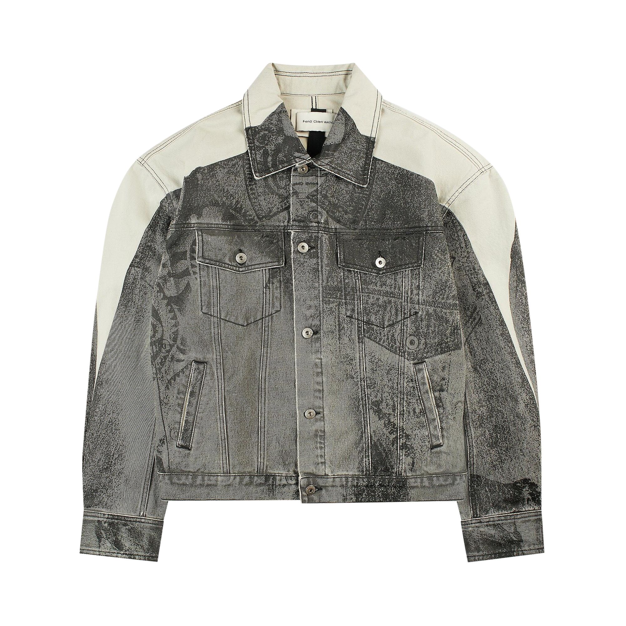 Pre-owned Feng Chen Wang Denim Deconstructed Printed Oversized Jacket 'grey' | Men's Size Xl In Gray