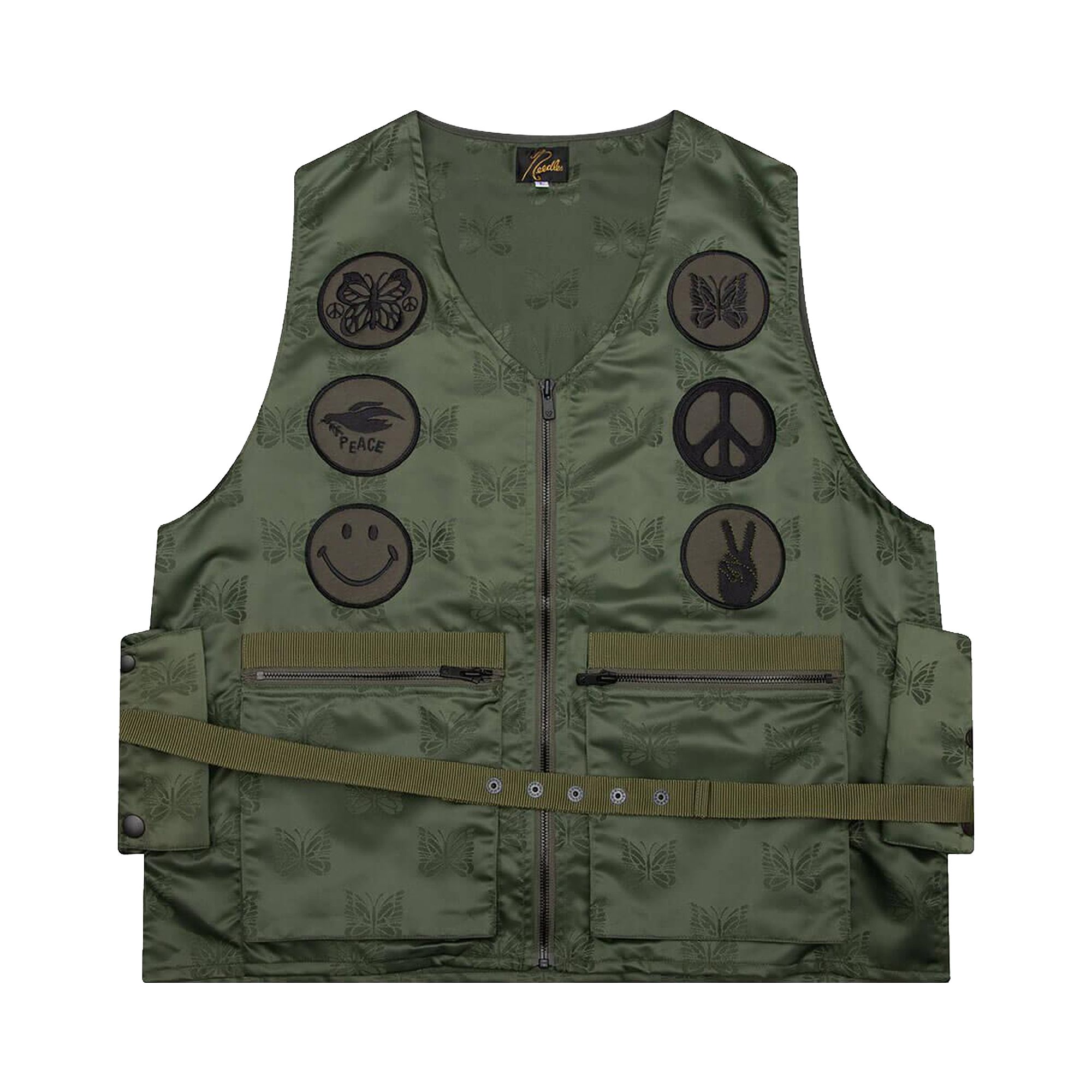 Pre-owned Needles Papillon Jacquard Sateen Radio Vest 'olive' | Green | Men's Size Xl