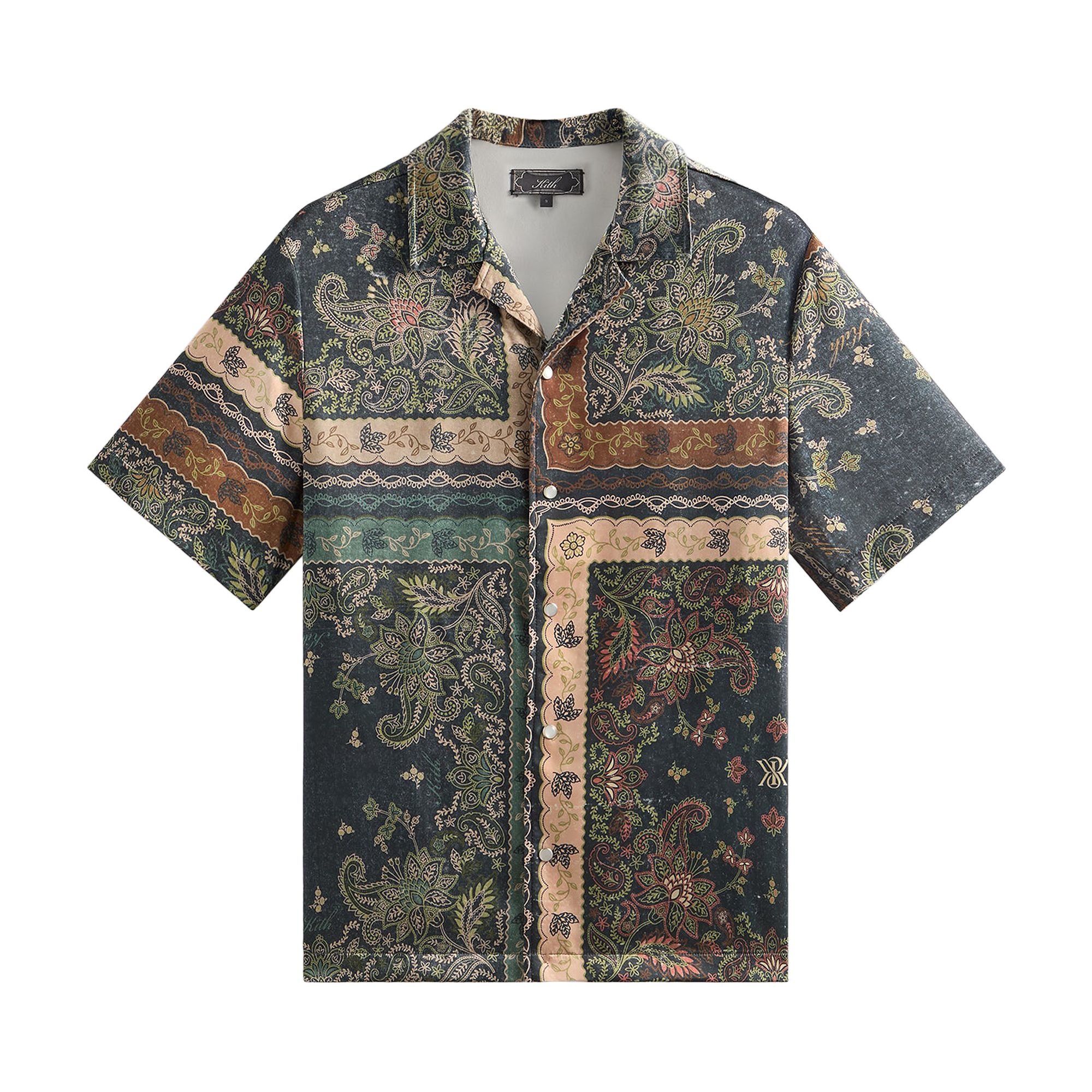 Pre-owned Kith Panelled Bandana Thompson Camp Collar Shirt 'stadium' | Green | Men's Size M