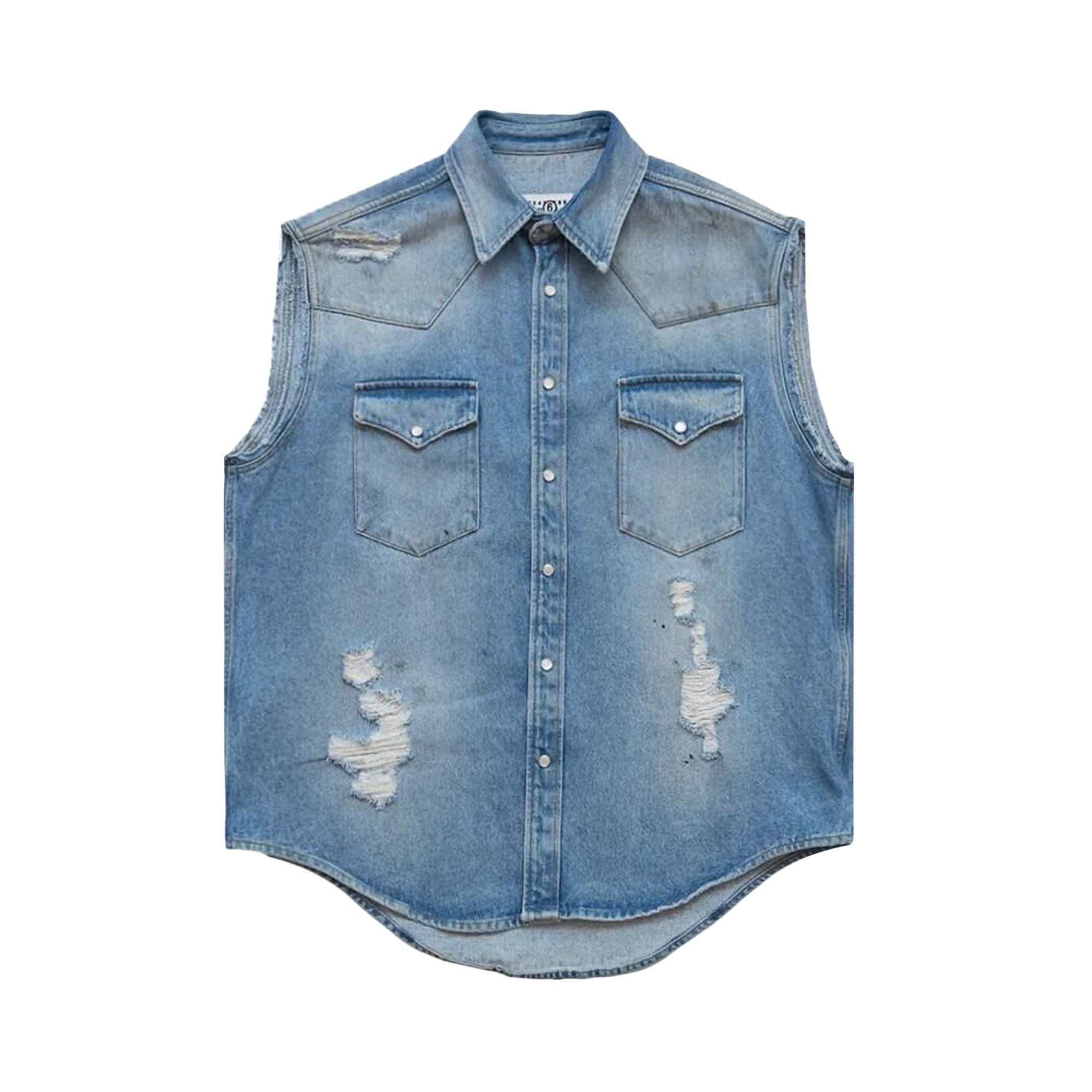 Pre-owned Mm6 Maison Margiela Sleeveless Distressed Denim Shirt 'blue' | Men's Size 46