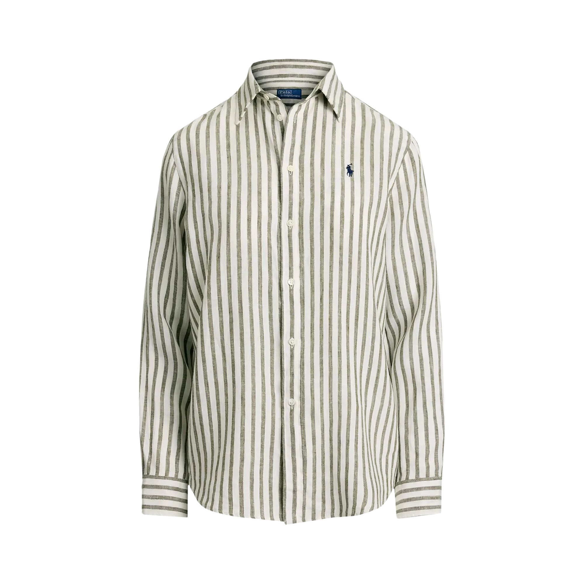 Pre-owned Polo Ralph Lauren Classic Long-sleeve Button Front Shirt 'dark Sage/white' | Tan | Women's Size S