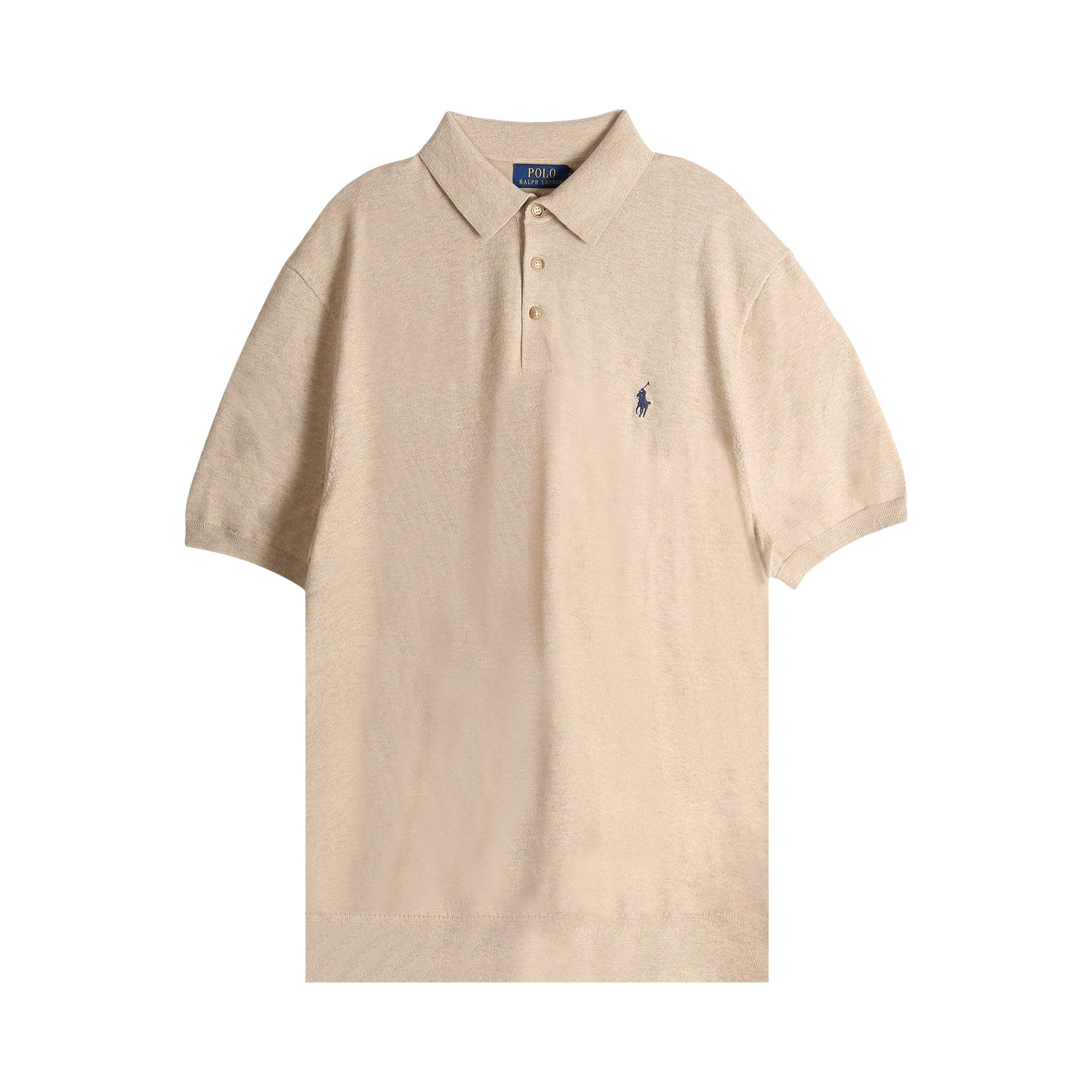 Pre-owned Polo Ralph Lauren Short-sleeve Placket Pullover Sweater 'dune Melange' | Tan | Men's Size L