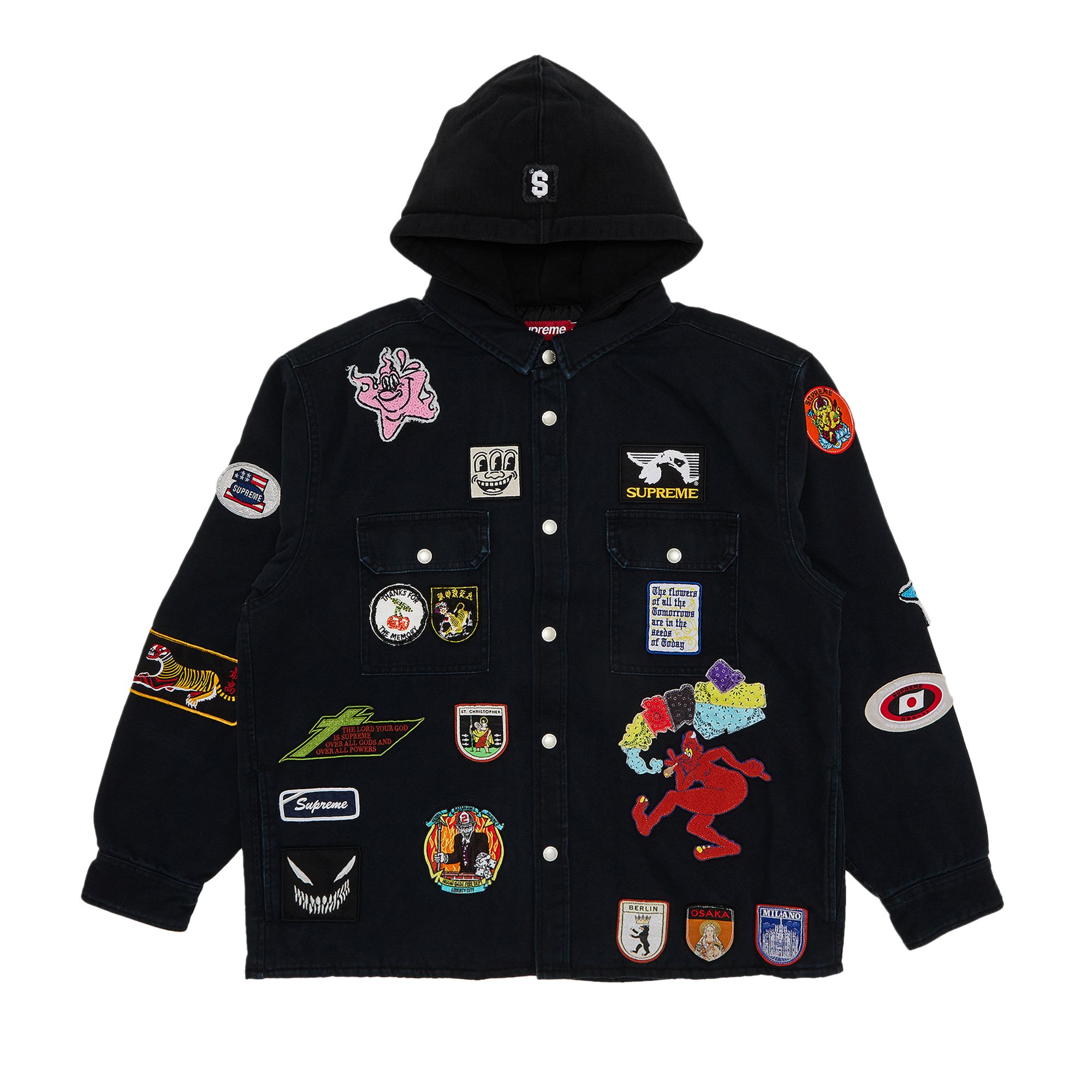 Pre-owned Supreme Patches Hooded Zip Up Shirt 'black' | Men's Size L