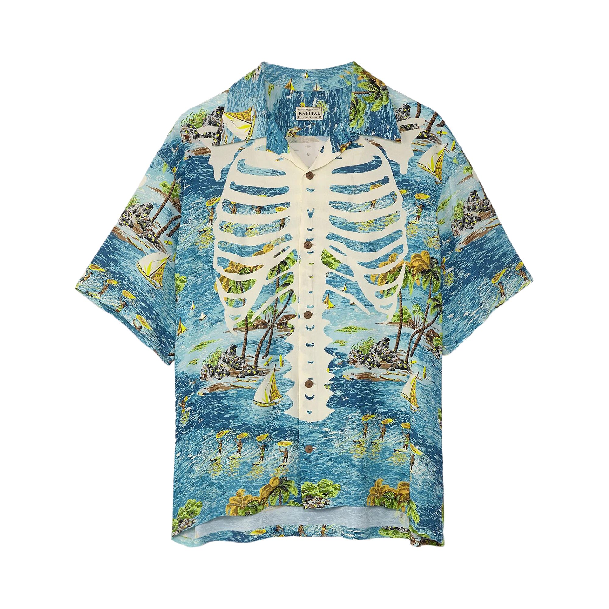 Pre-owned Kapital Rayon Kamekameha Bone Aloha Shirt 'blue' | Men's Size 4