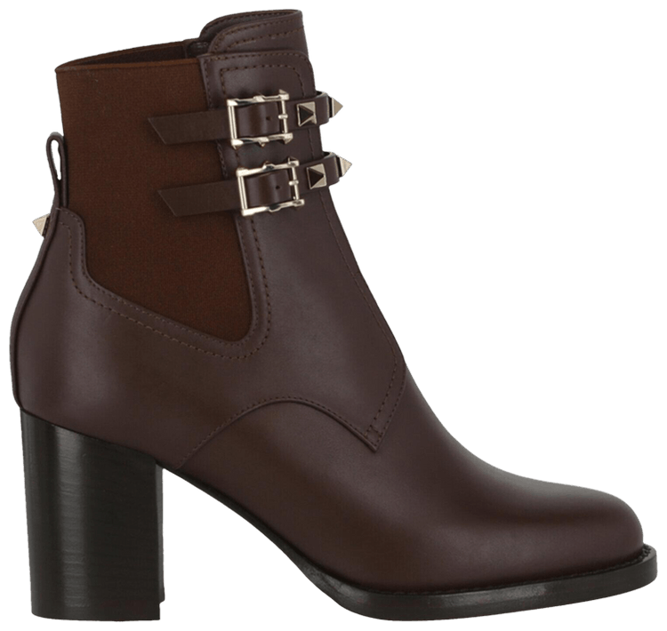 Valentino Garavani Wmns Rockstud Calfskin Buckle Strap Ankle Boot Dark Brown