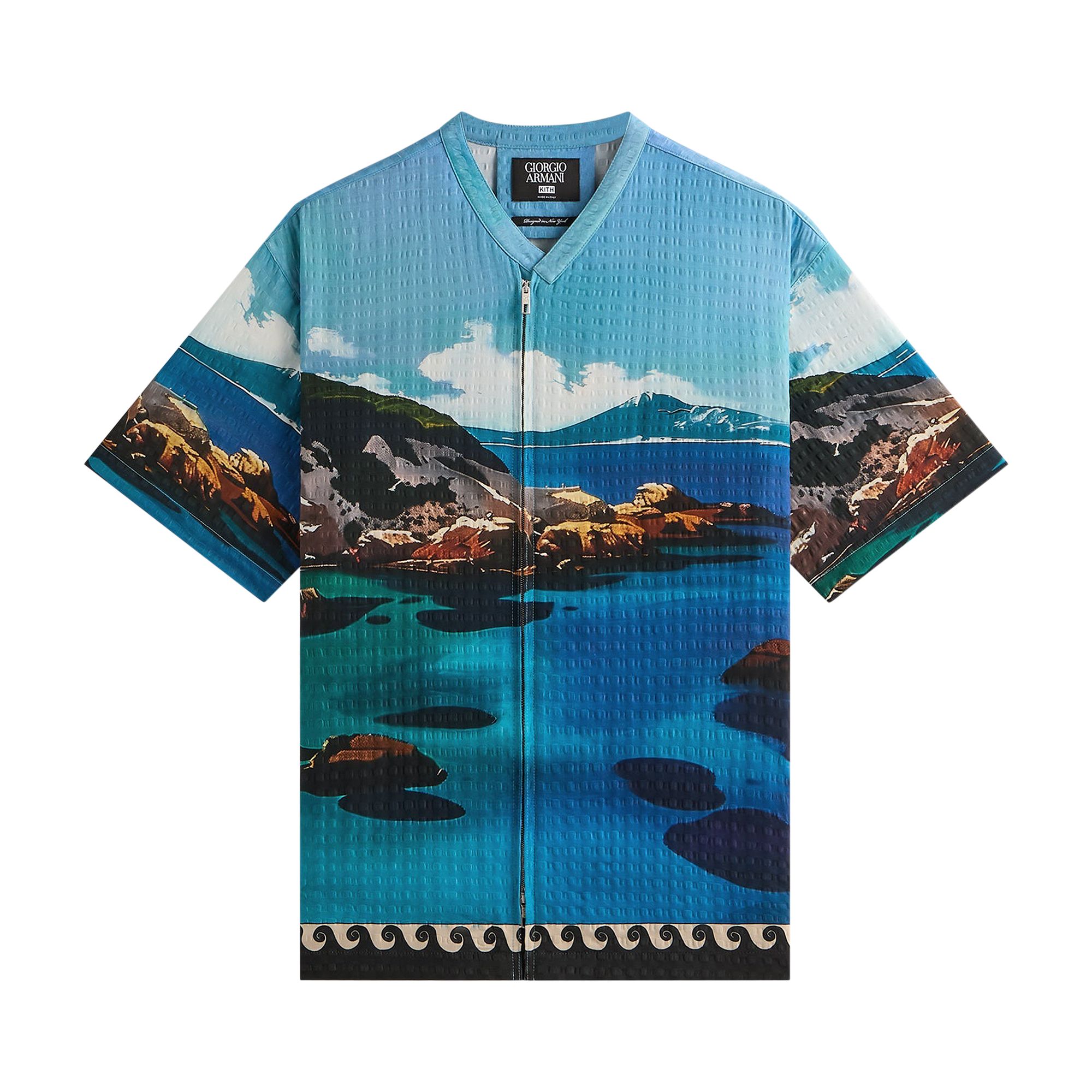 Pre-owned Kith X Giorgio Armani Sardinia Short Sleeve Zip Shirt 'multi' | Blue | Men's Size L