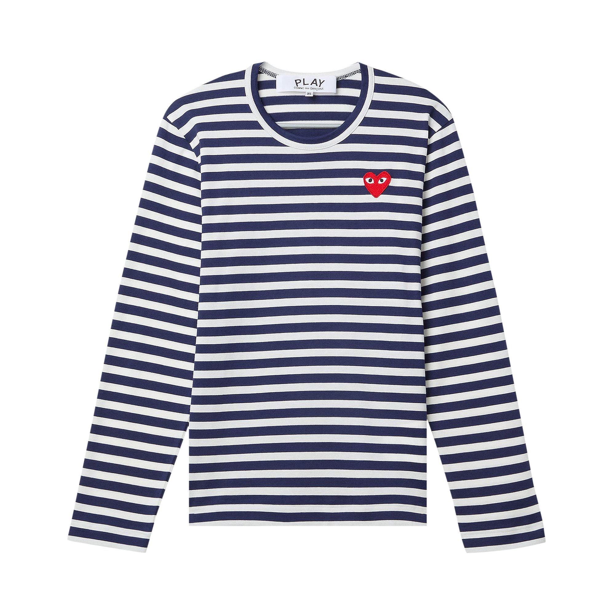 Pre-owned Comme Des Garçons Play Heart Emblem Stipe T-shirt 'navy/white' | Blue | Men's Size Xs