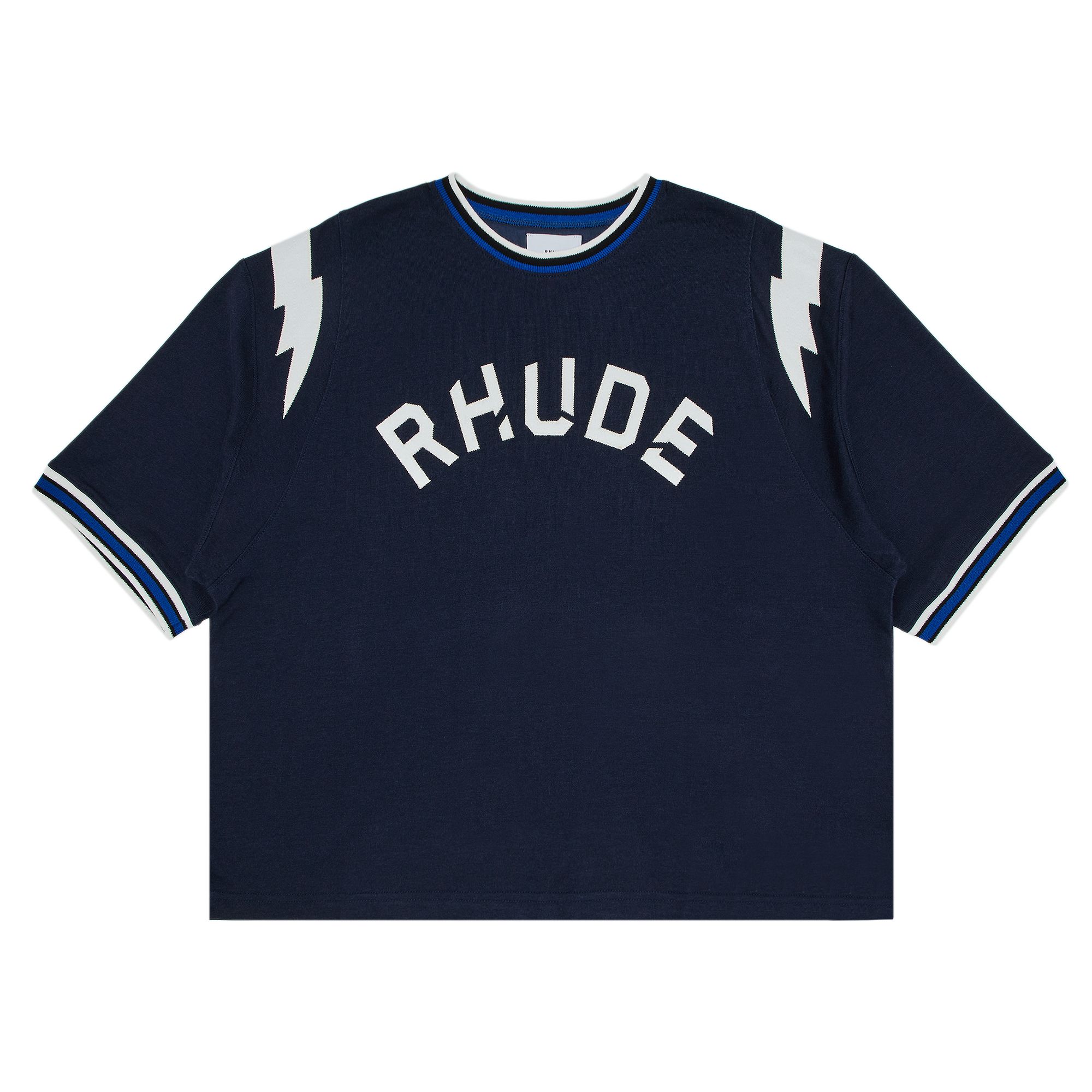 Pre-owned Rhude Logo Lightning Ringer Tee 'navy/white' | Blue | Men's Size M