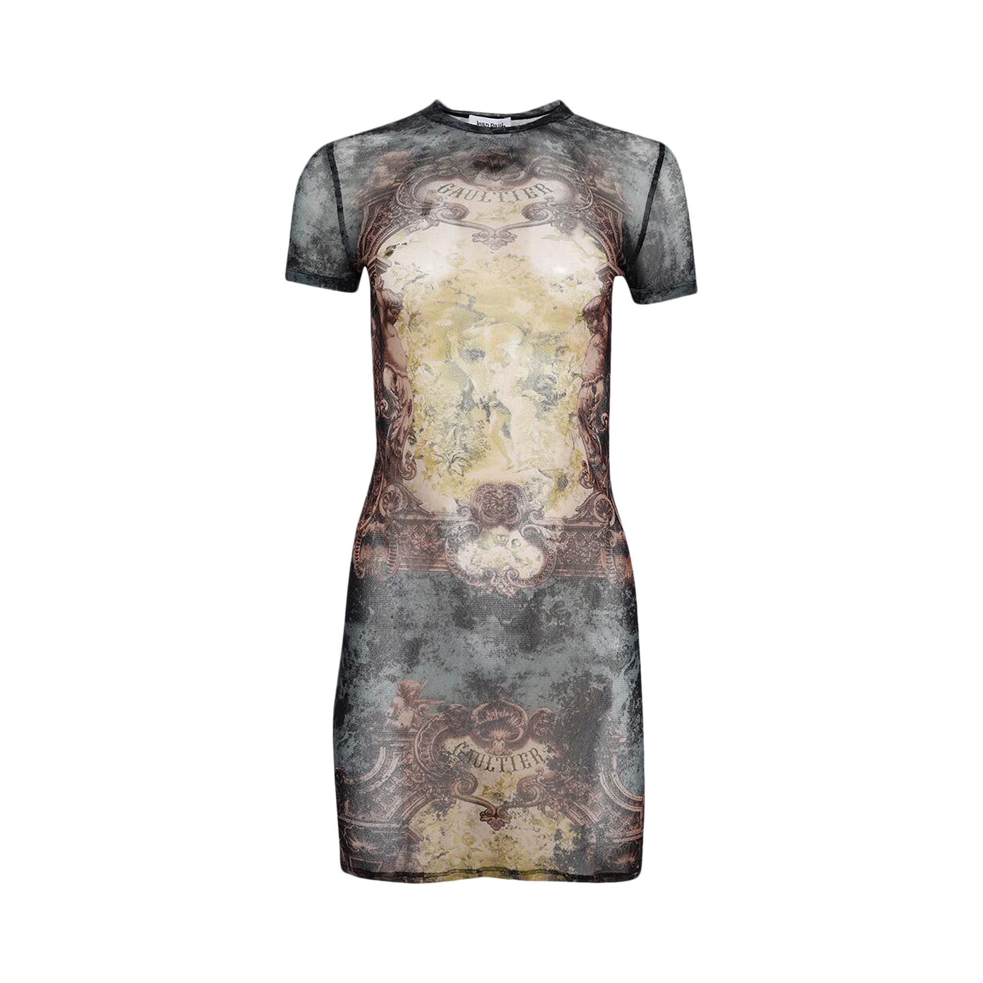 Pre-owned Jean Paul Gaultier Printed Médaillon Mesh Short Dress 'black/vintage Blue/green' | Women's Size Xs
