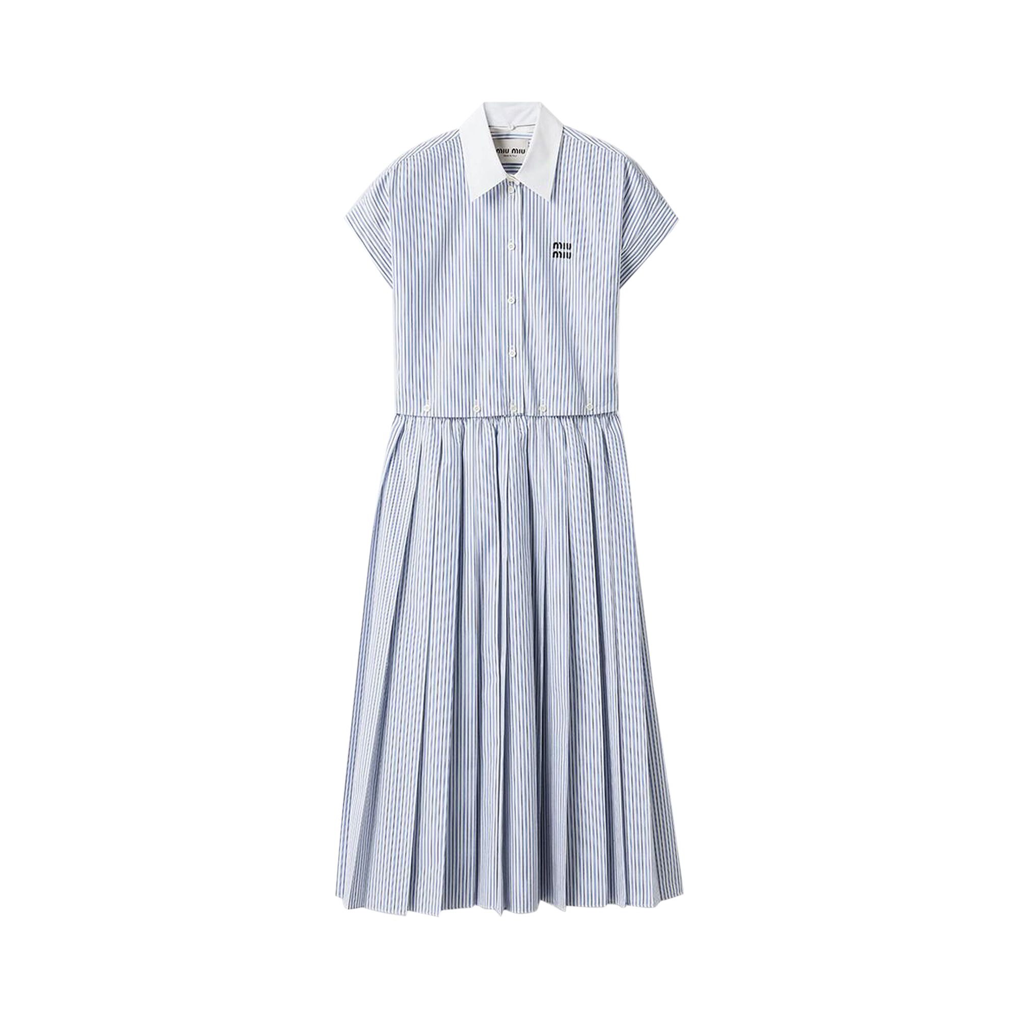 Pre-owned Miu Miu Pleated Striped Poplin Midi Dress 'bianco/celeste' | White | Women's Size 40