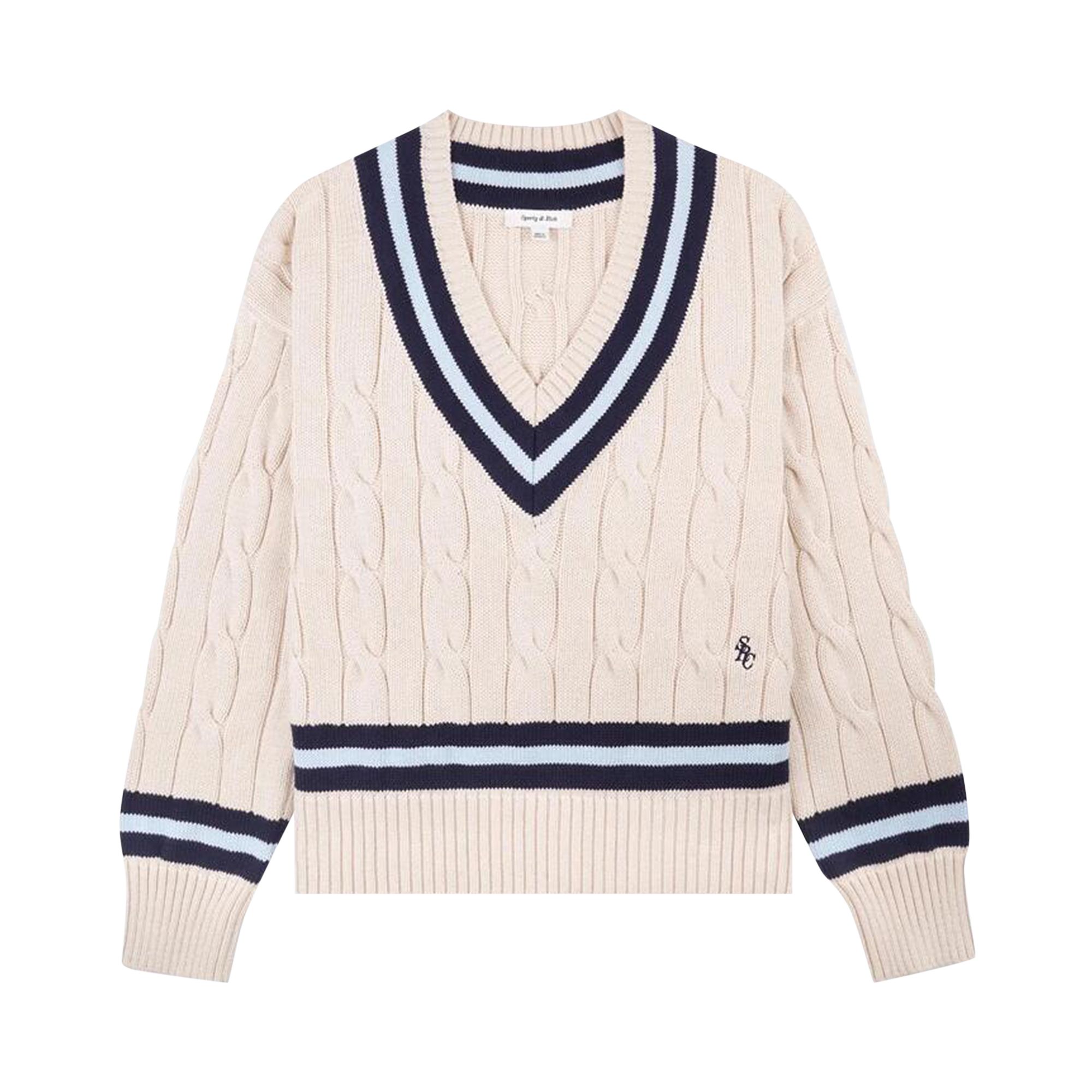 Pre-owned Sporty And Rich Sporty & Rich Src Cableknit V-neck Sweater 'ecru/dark Navy/ciel' | Tan | Women's Size L In Brown