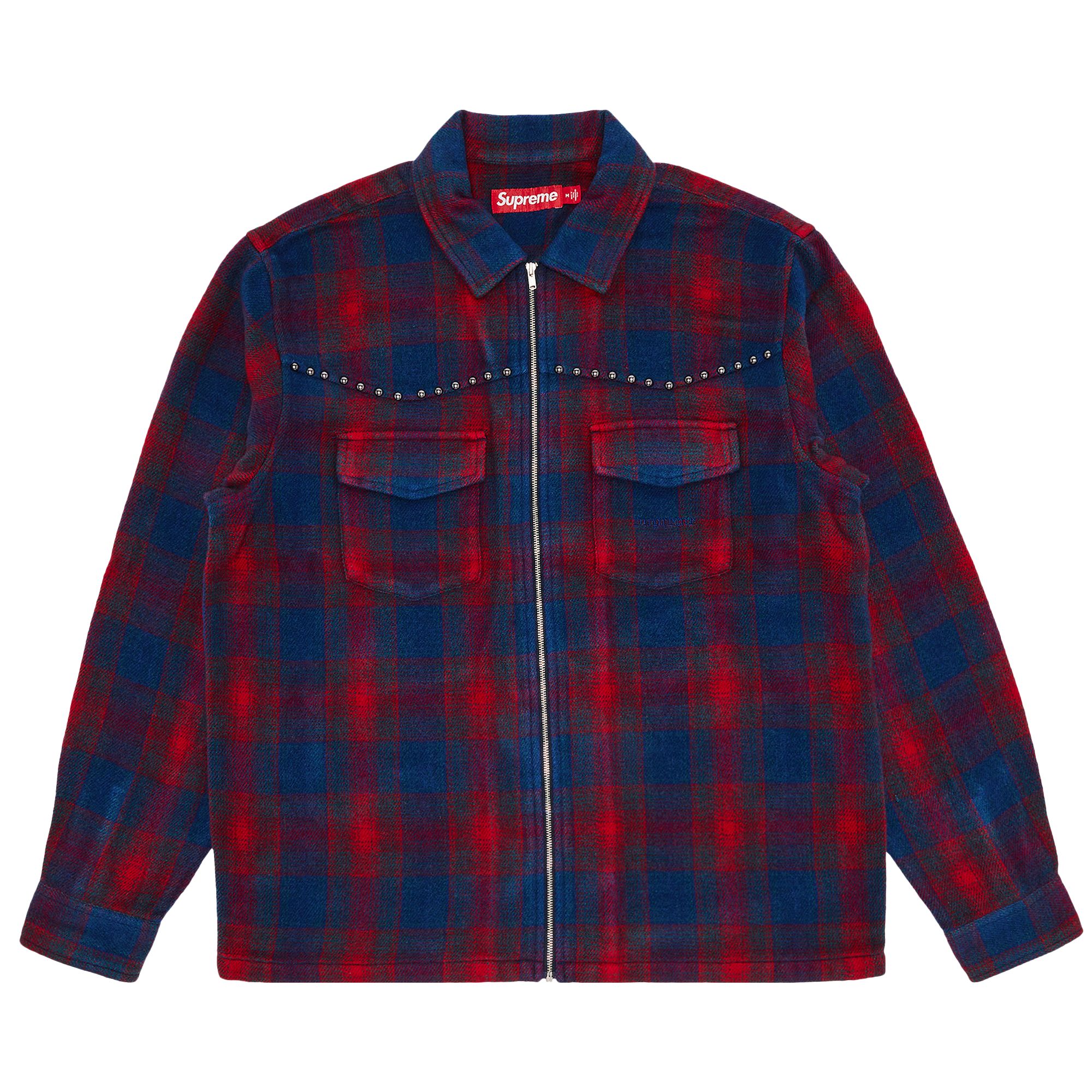 Pre-owned Supreme Studded Shadow Plaid Zip Up Shirt 'navy' | Blue | Men's Size L