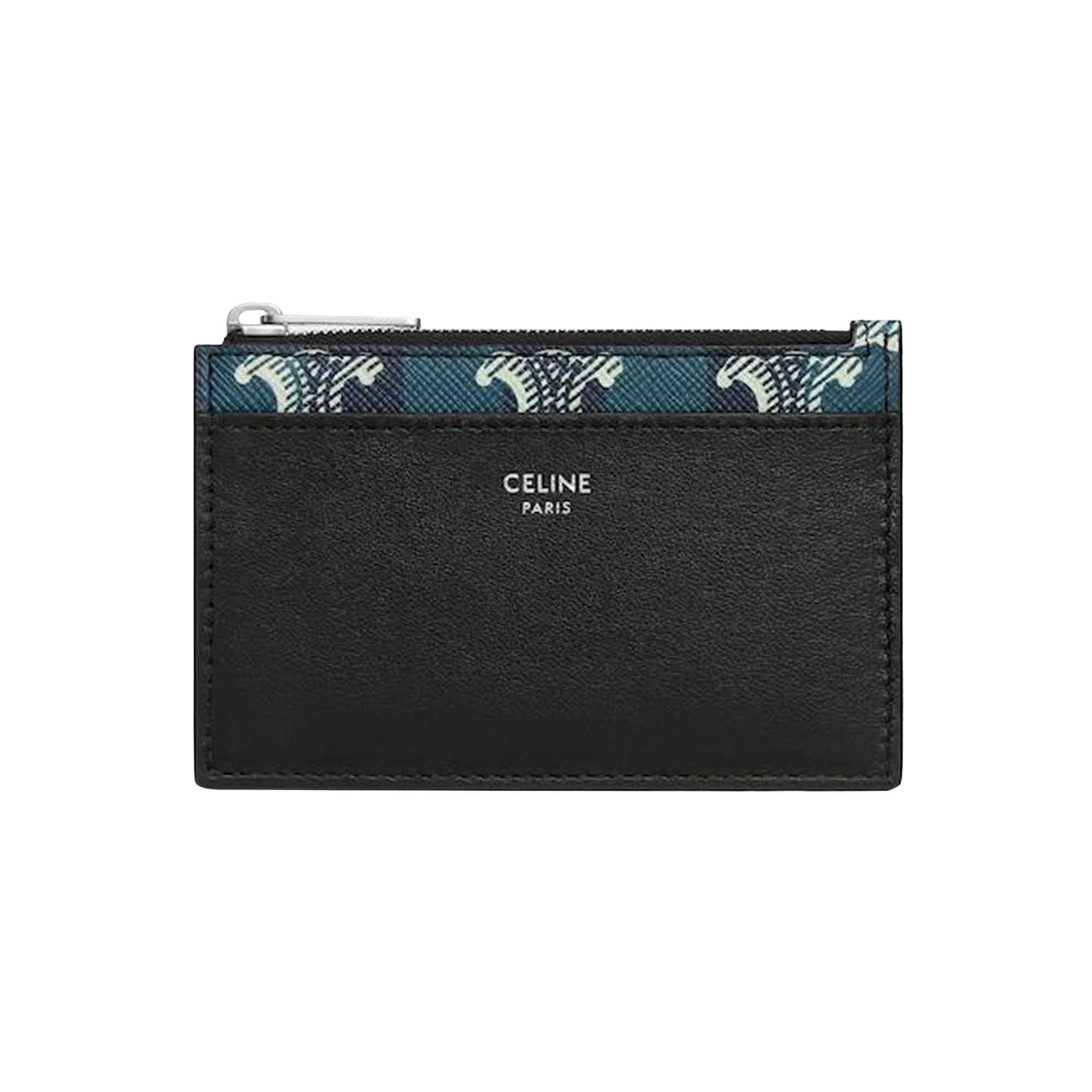 Pre-owned Celine Zipped Card Holder In Striped Triomphe Canvas And Lambskin 'black/navy Blue' | Men's Size One