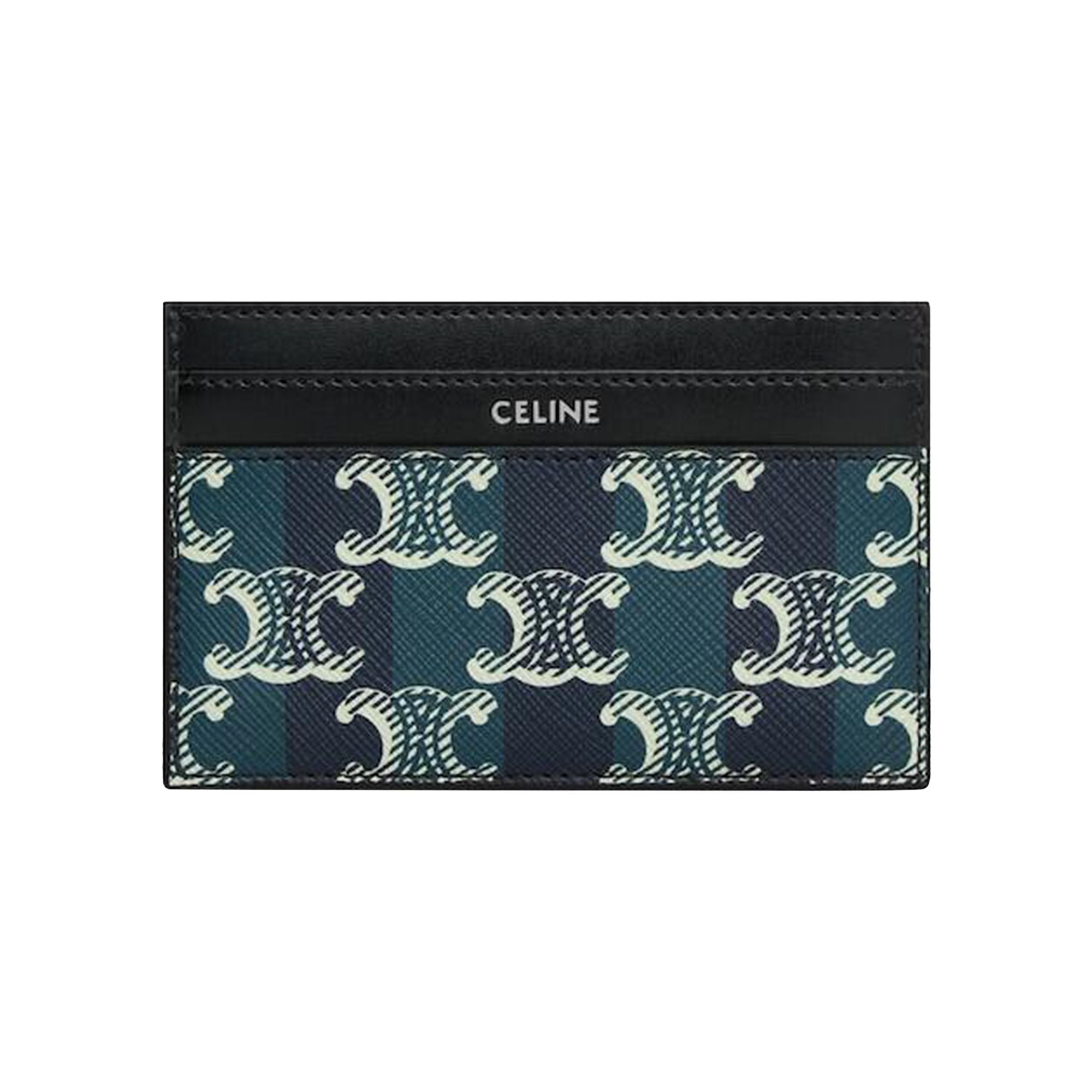 Pre-owned Celine Medium Card Holder In Striped Triomphe Canvas And Calfskin 'black/navy Blue' | Men's Size One